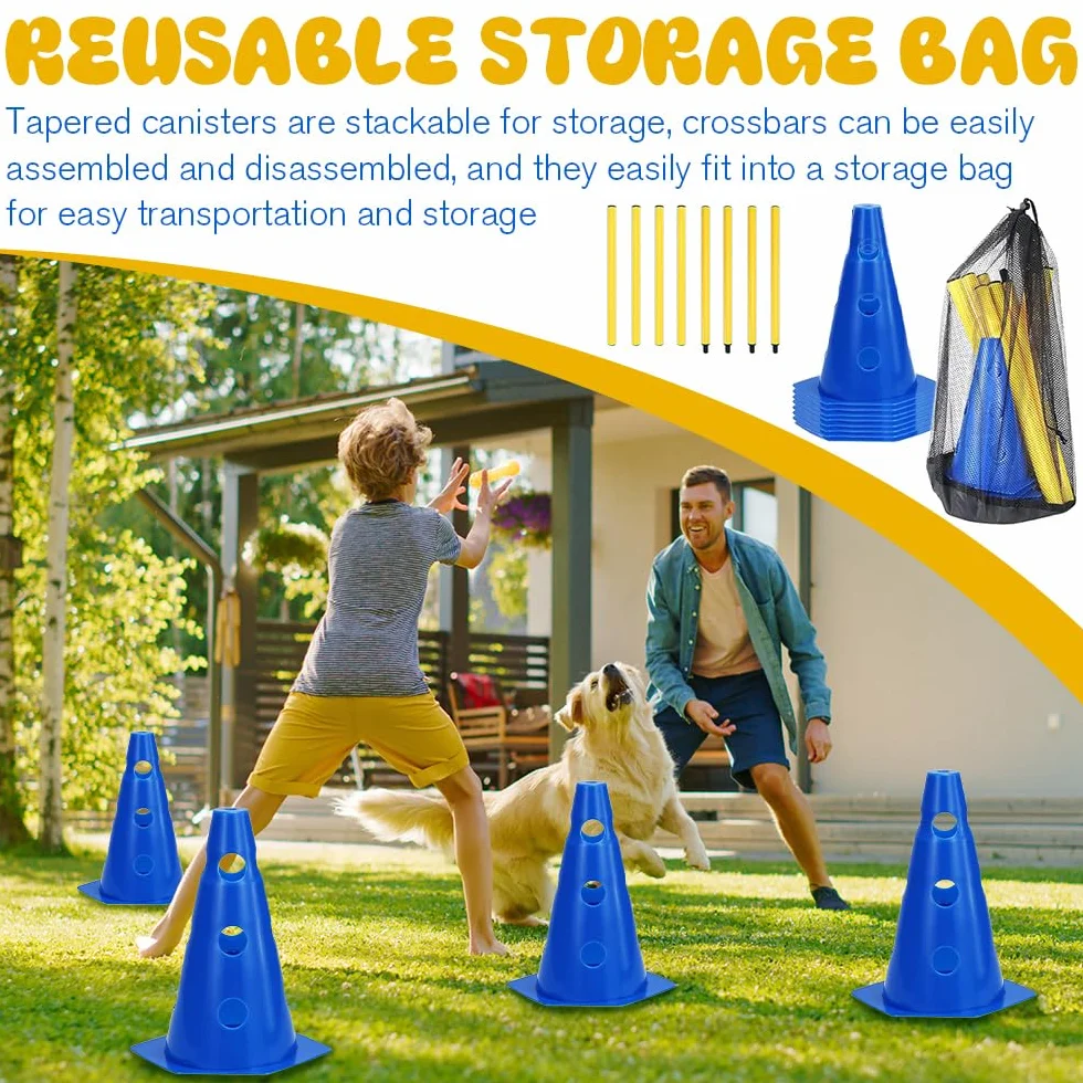 Agility Kit d'Obstacles pour Chiens et Enfants, Ensemble de Barrières Enfichables, 8 Cônes 23 cm + 4 Barres 81 cm