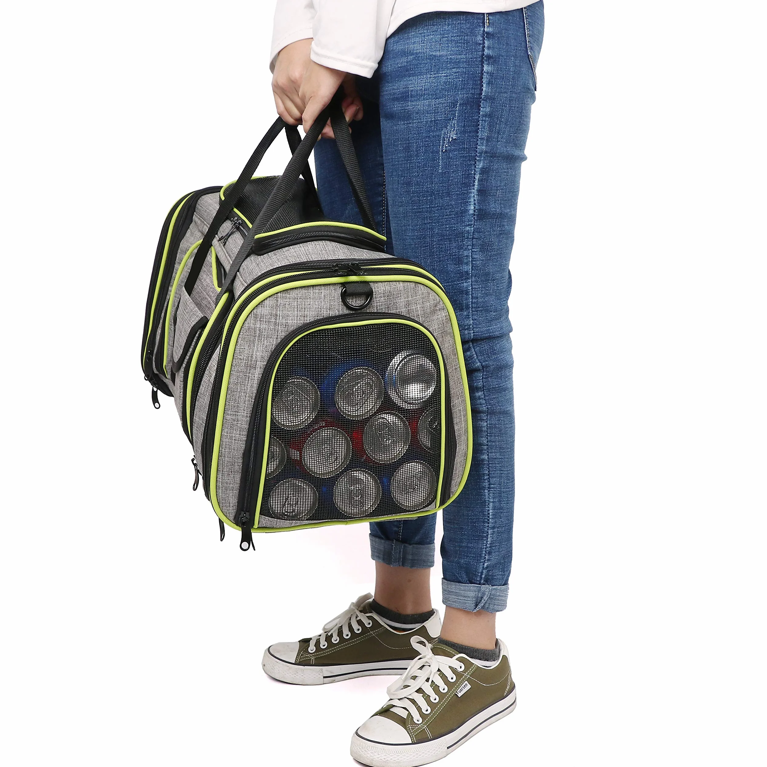 Sac Transport Chat Chien, Cage de Voyage Spacieux 4 Sens Extensibles, Caisse Chat Pliable pour Animal de Compagnie (Gris)