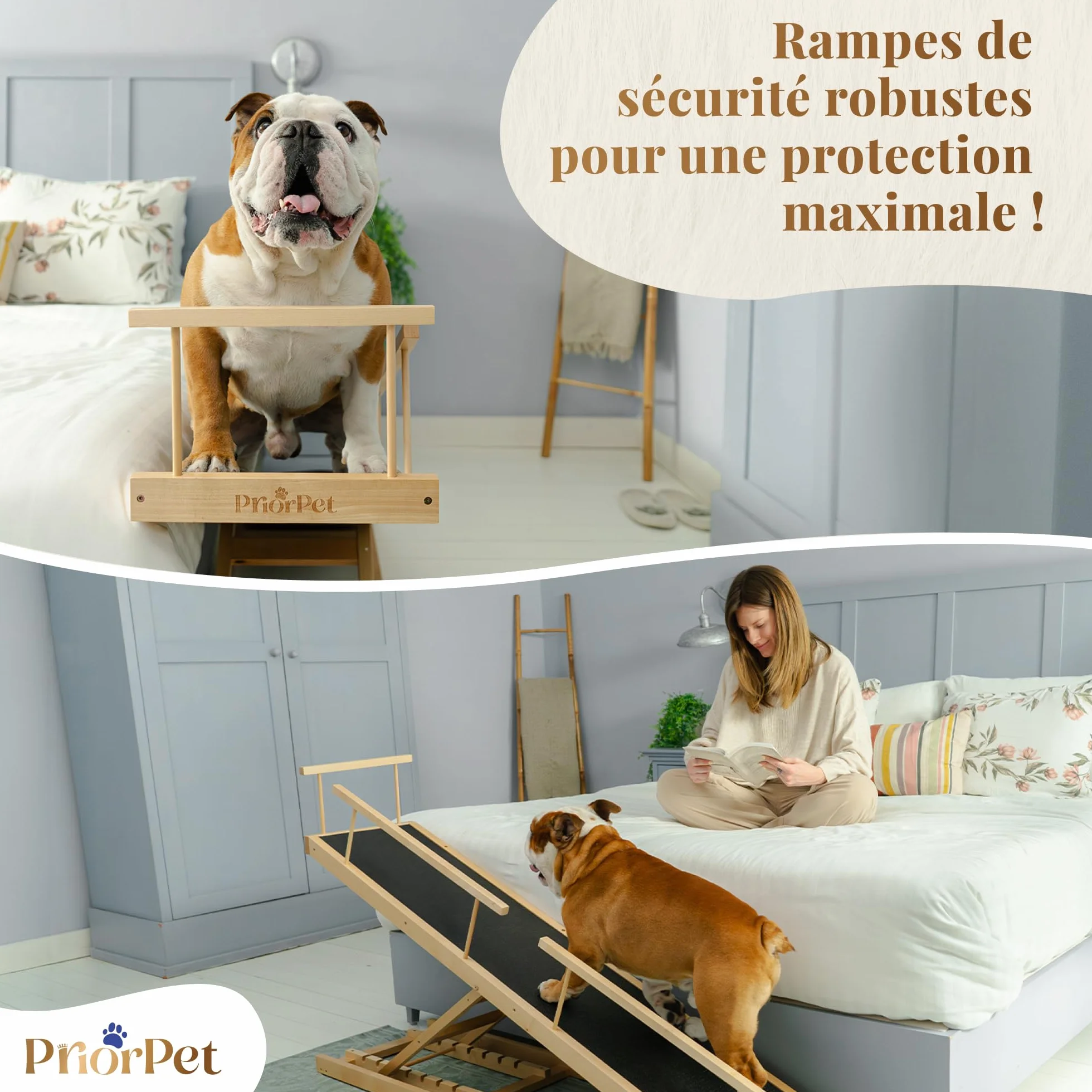 PRIORPET Rampe pour Chien avec Barrières de Sécurité Escalier Pliable Lit Haut 94.5 cm Bois de Bouleau Antidérapante 23kg Naturel