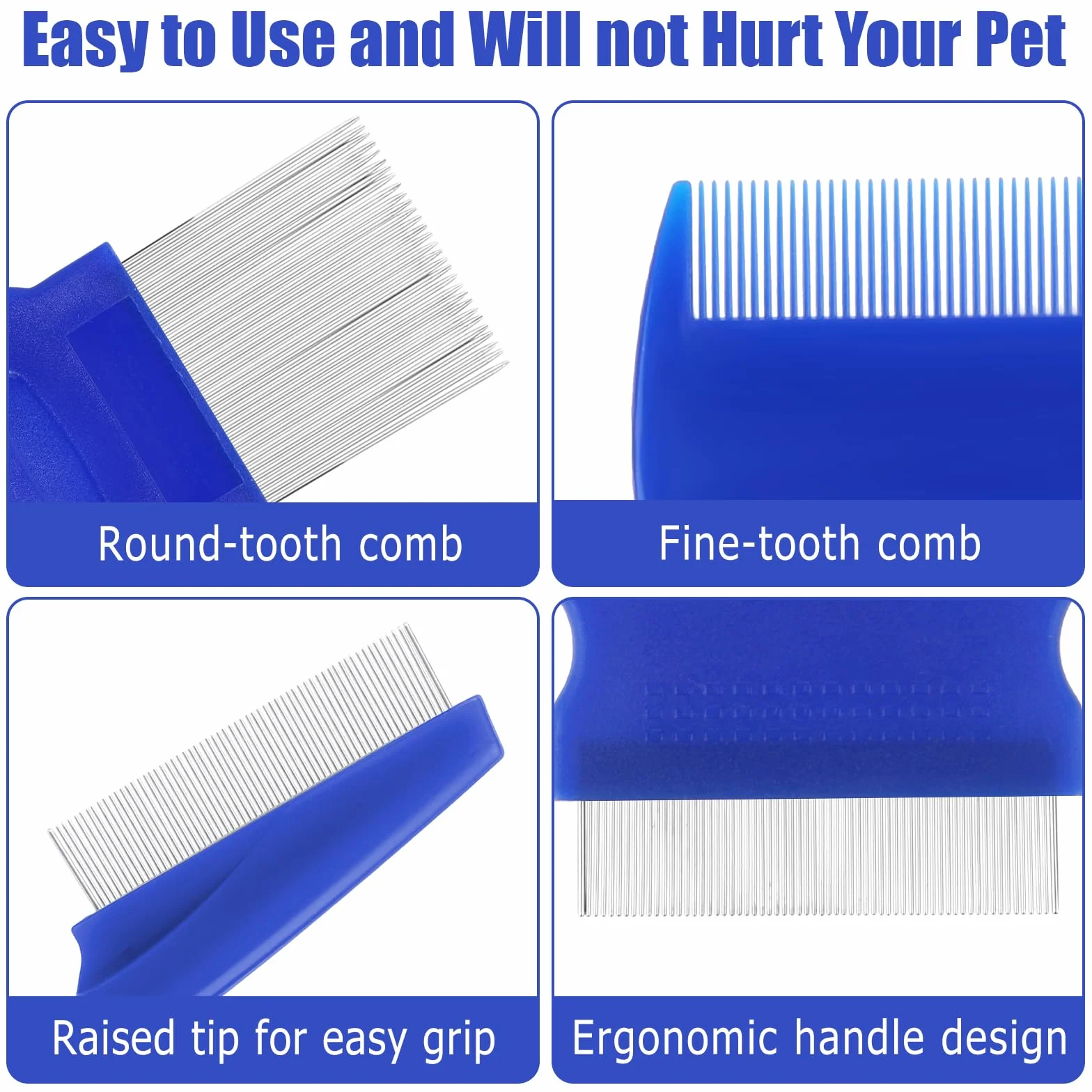 Molain Lot de 4 peignes anti-poux en métal pour chat et chien - Peigne anti-puces en plastique double face - Peigne anti-poux en acier inoxydable - Peigne à poux en métal - Bleu