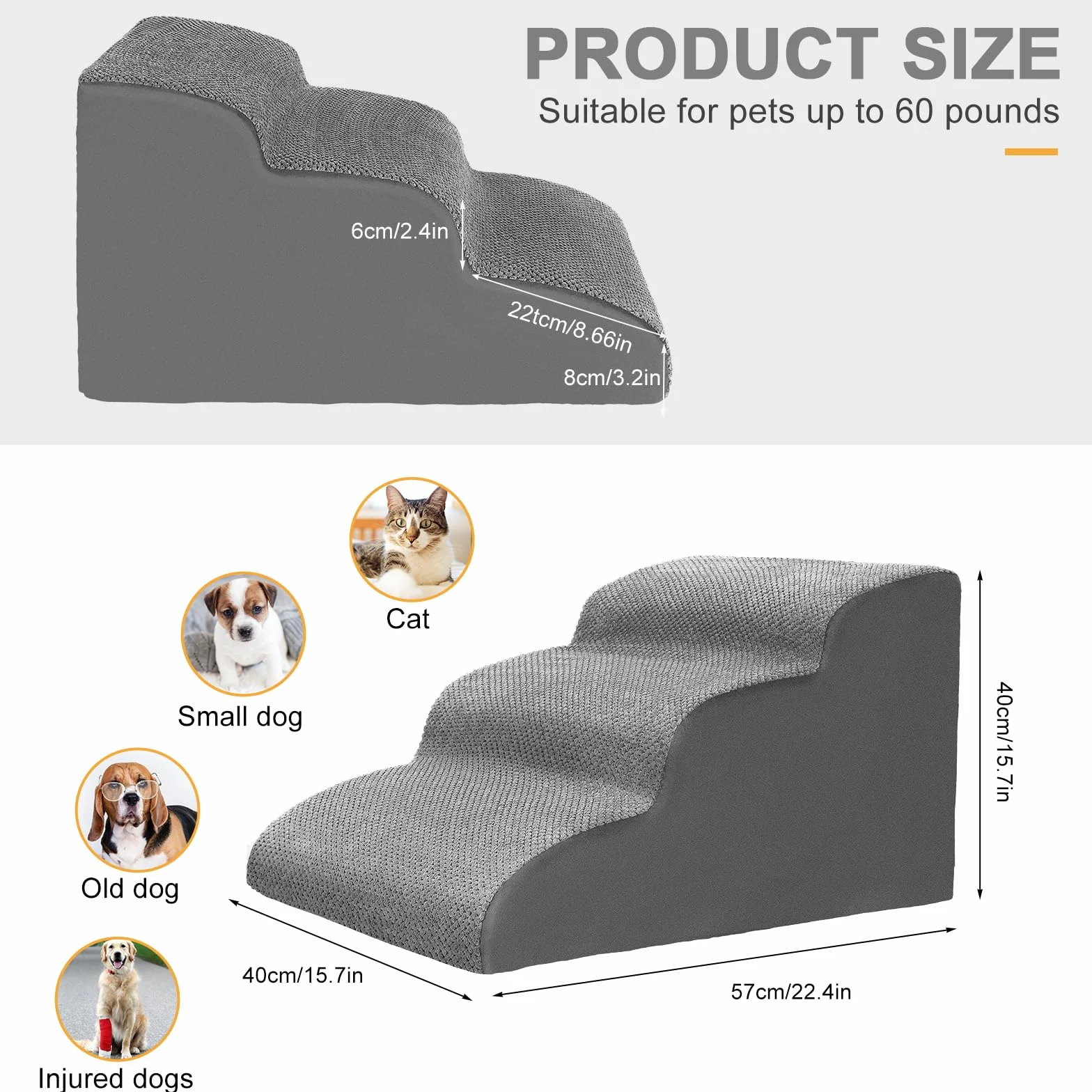 Lannvan Escalier pour Chien 3 Marches - Escaliers Animaux Éponge Canapé Lit - Rampe Chien Chat Housse Tissu Amovible Lavable - Gris