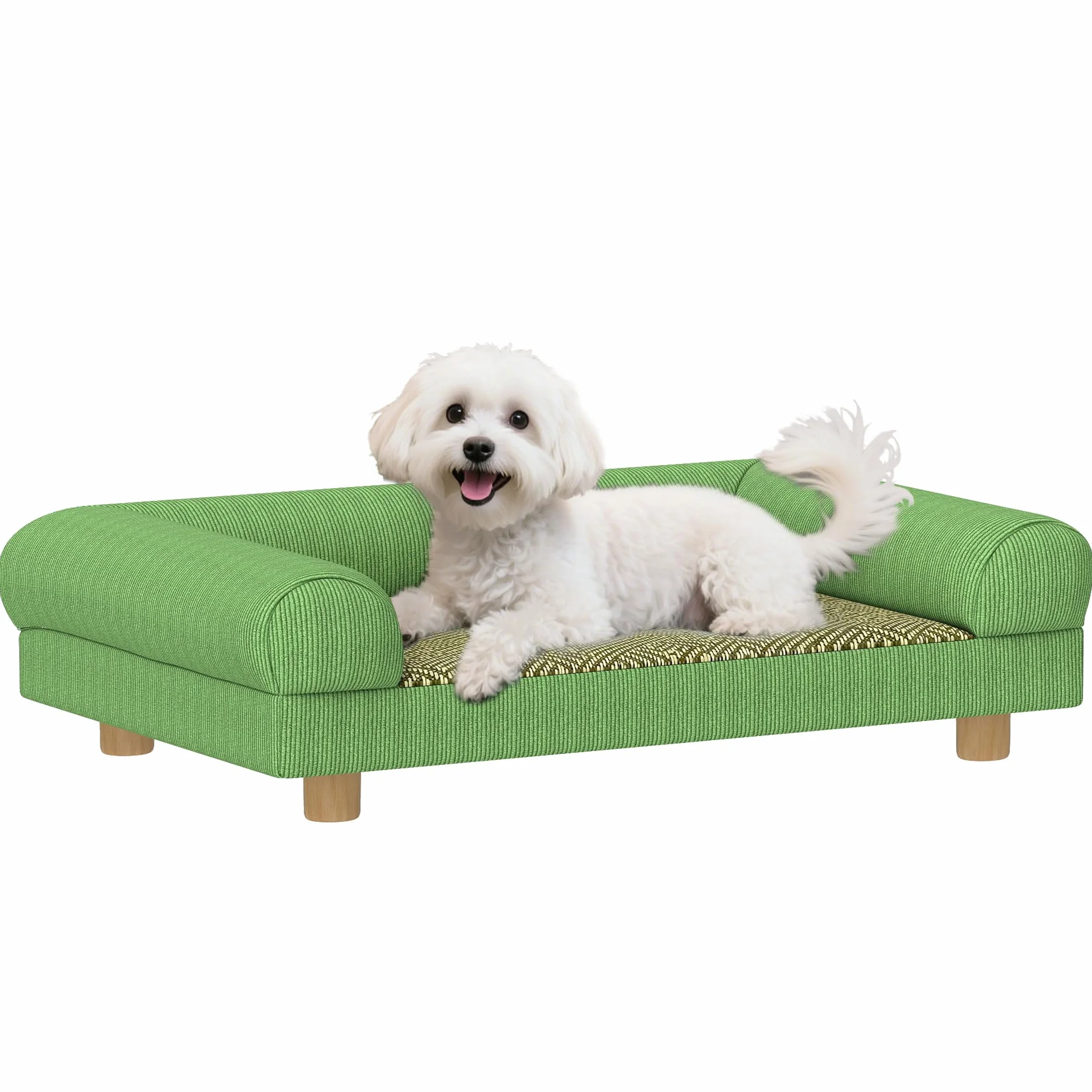 PawHut Canapé pour Chien Chat Lit Surélevé avec Tapis Frais, Accoudoirs, Pieds Velours Doux 63x41x17 cm Vert