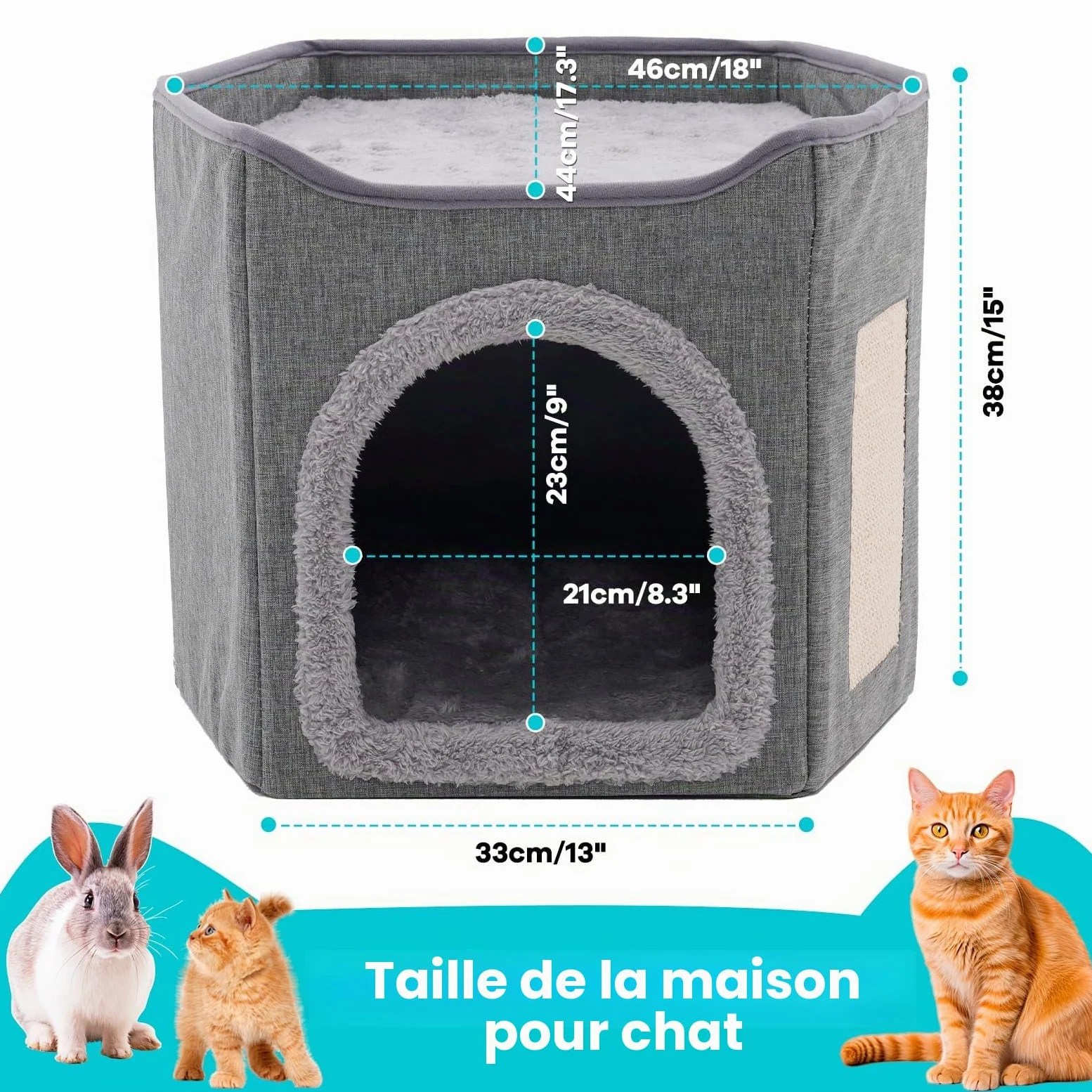 Maison pliable d'intérieur pour grands chats, grande niche pour chat avec griffoir, 2 couches, niche pour animaux de compagnie de petite et moyenne taille, grise