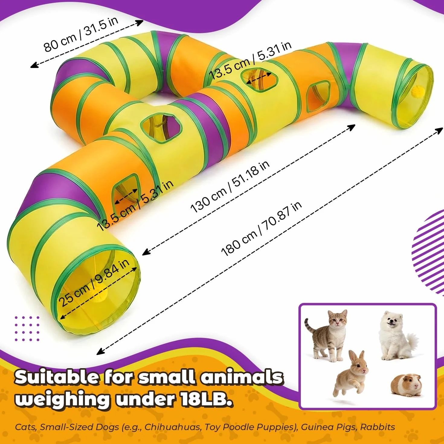 Tunnel de Jeu pour Chat Interieur, Jouer Tube pour Chat avec Pompons Suspendus et Trou interactif pour Chatons, Chiots, Lapins, furets, cochons d'Inde
