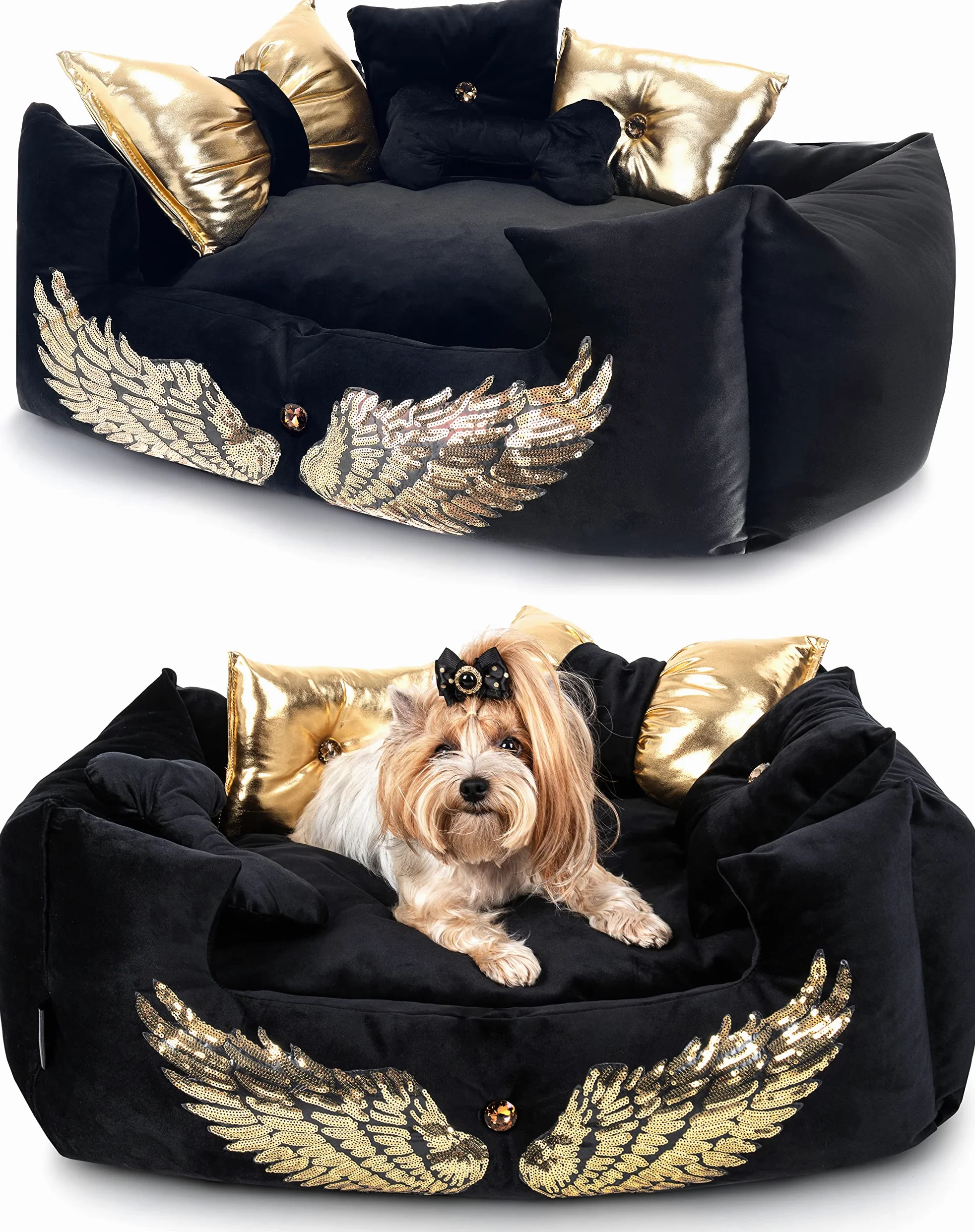 NELKE Lit pour chien, style glamour, canapé pour chien, noir avec ailes dorées, canapé de luxe pour chiens de petite et moyenne taille, coussin lavable