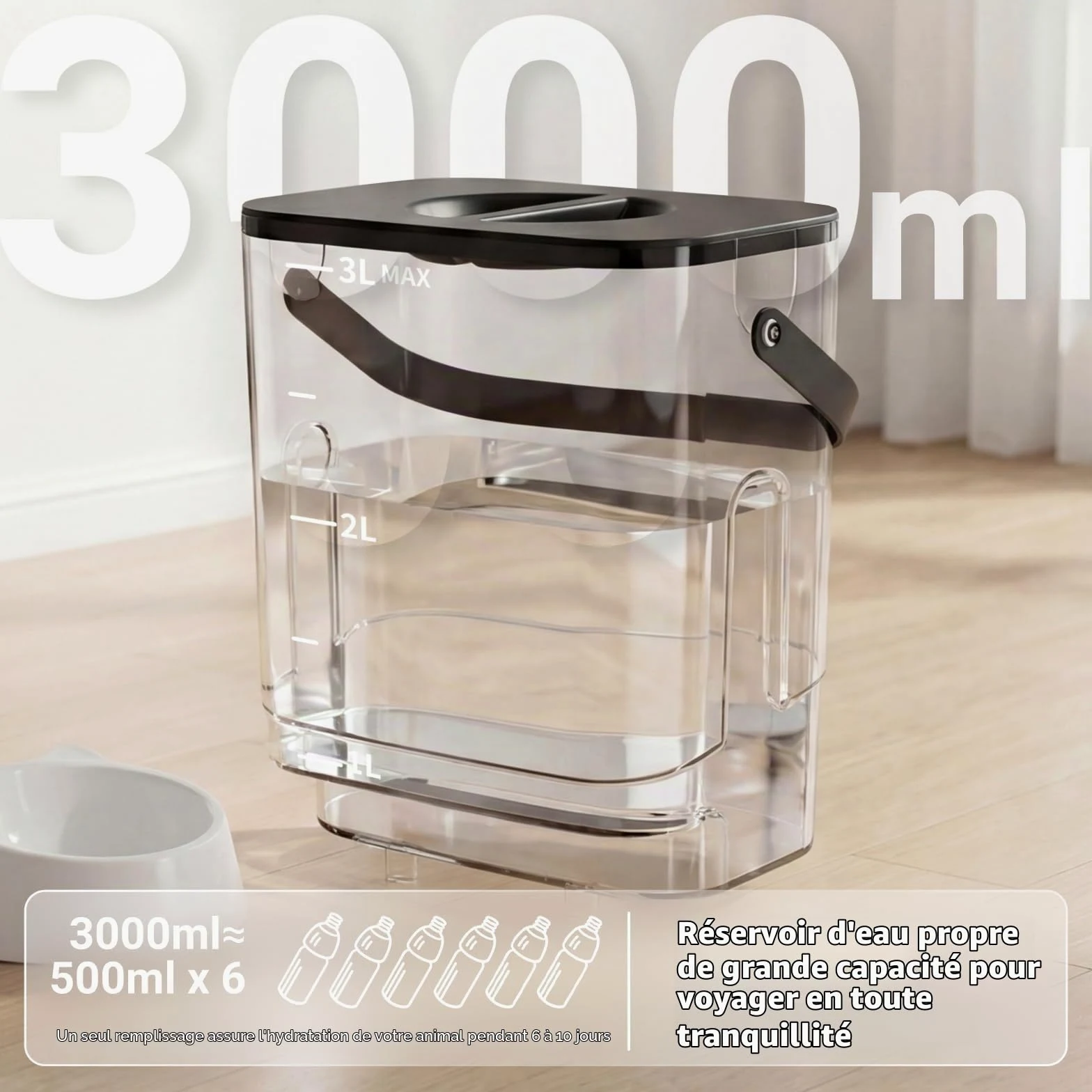 Fontaine a Eau pour Animaux sans Fil et sans Filtre | Séparation de l'Eau Propre et de l'Eau Usée, Bol en Acier Inoxydable, Batterie 4000mAh, Grande Capacité 3L, Noir