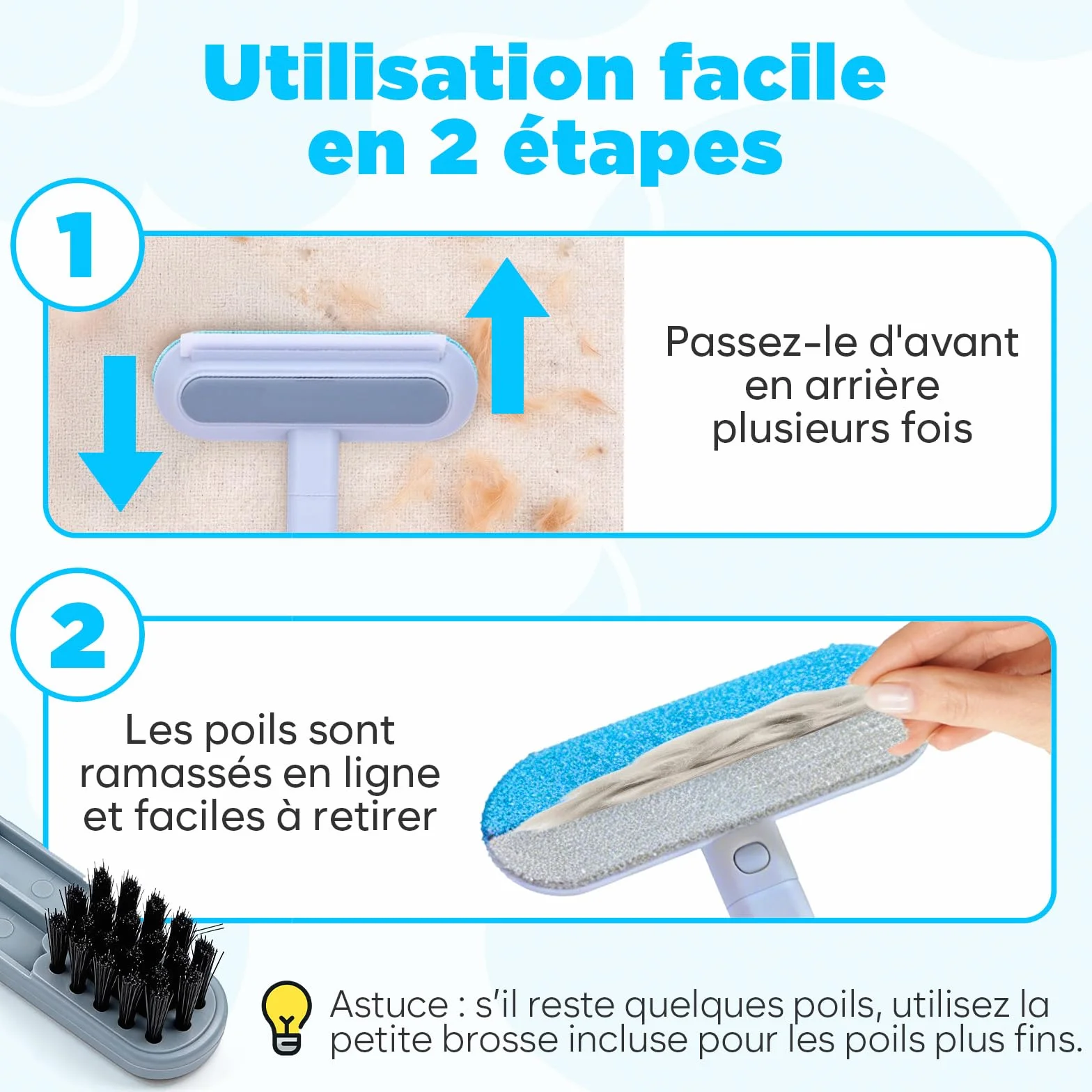 Ramasse-Poils Réutilisable pour Canapé, Tapis & Textiles, Brosse à Poils Animaux, Manche Amovible