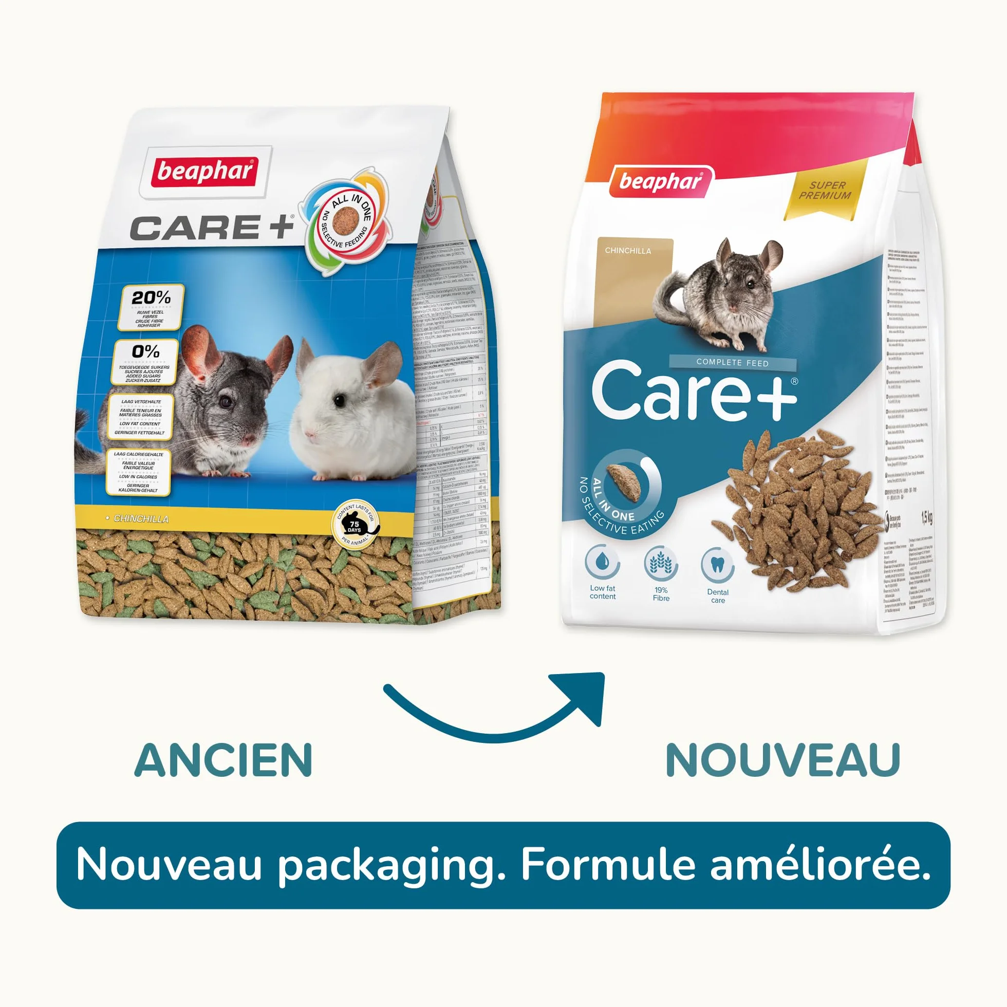 BEAPHAR CARE+ Alimentation Super Premium extrudée pour chinchilla 1.5kg 20% fibres
