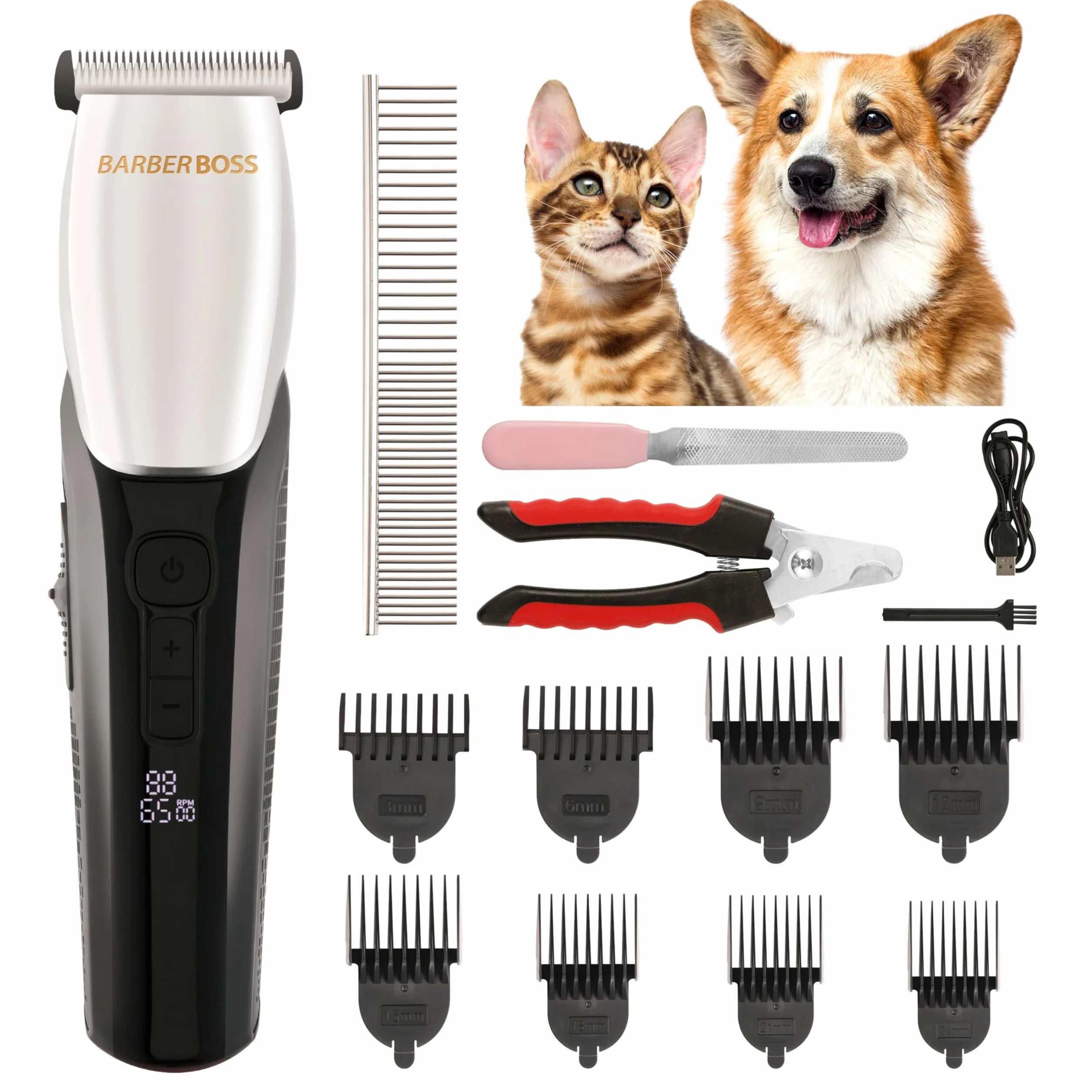 BarberBoss Tondeuse chiens sans fil 4 vitesses étanche tête céramique QR-9083
