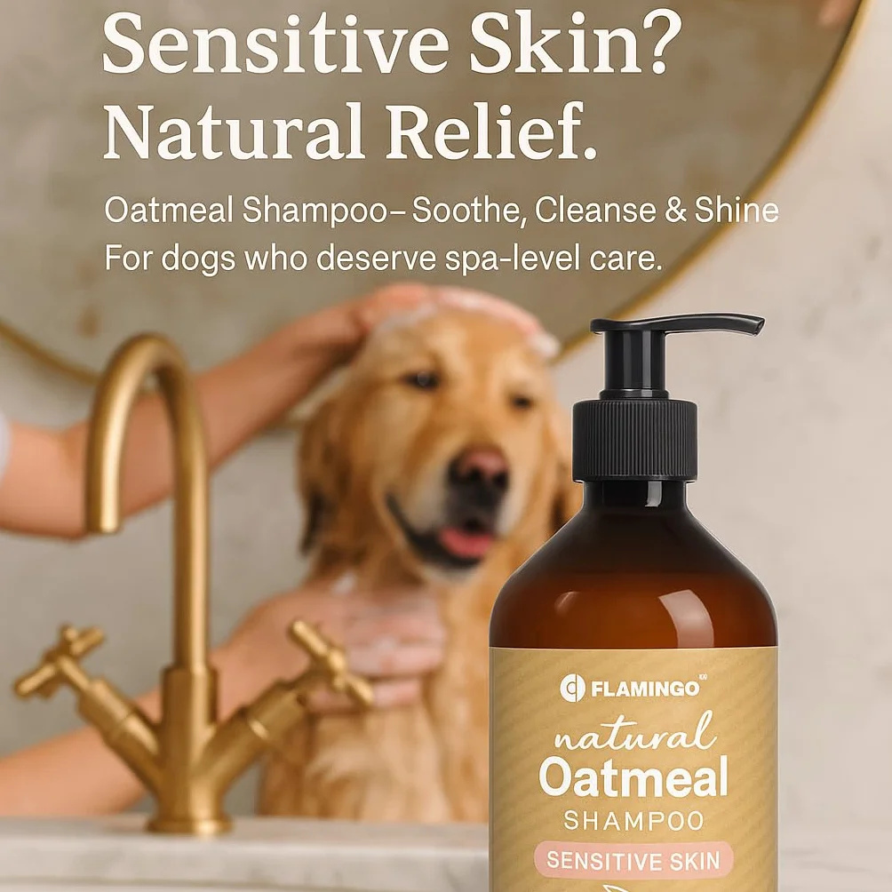 Shampoing Chien - shampoing pour Chien - 500ml - Spécialement la Peau Sensible - pour Le Traitement de la Peau sèche et irritée - Flamingo Shampooing Naturel à l'avoine
