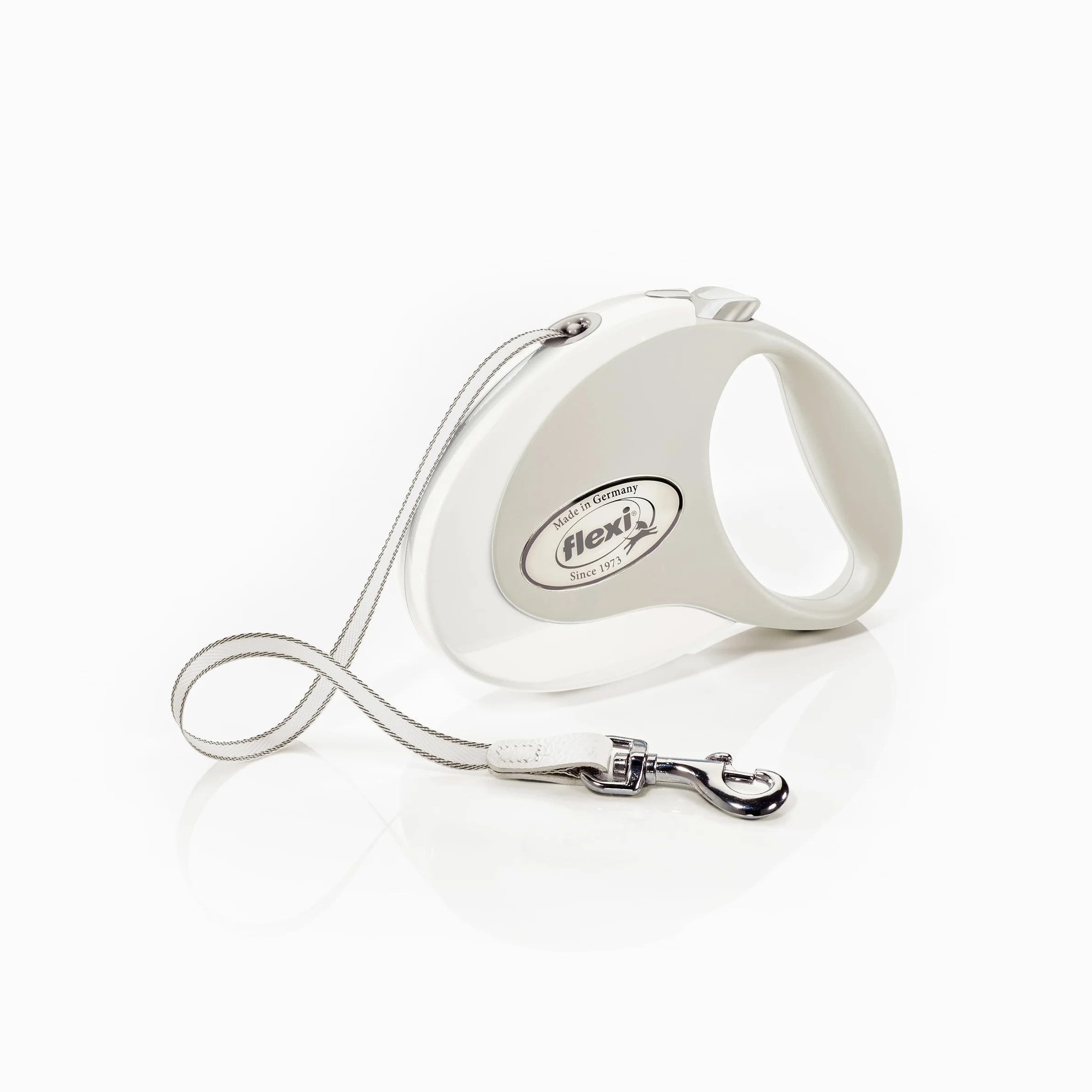 Flexi® Style Laisse rétractable pour Chien, Ruban Ergonomique, Durable et sans nœuds, pour Promenade des Chiens jusqu'à 25 kg, 4,9 m, Taille M, Blanc/Gris
