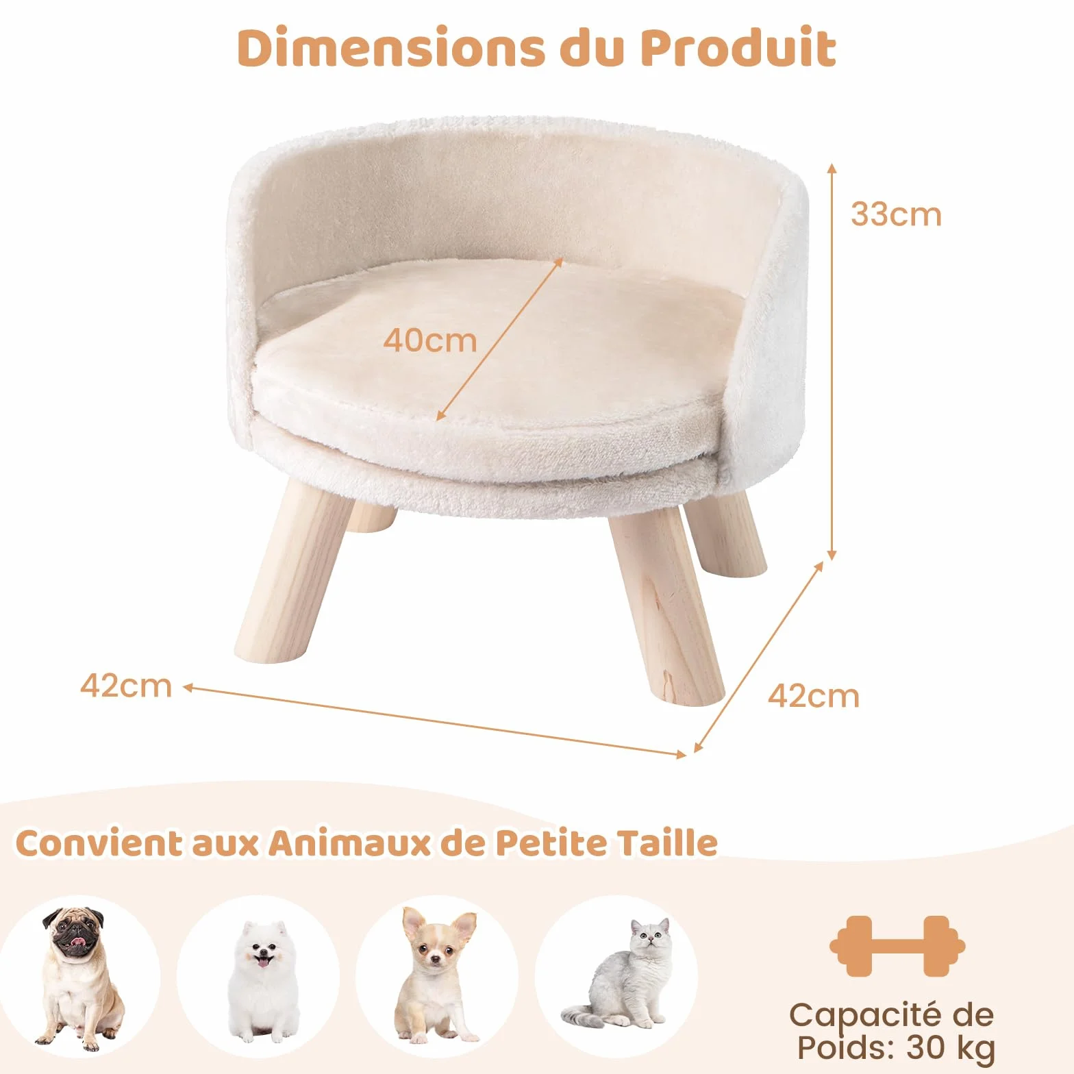 COSTWAY Canapé Lit pour Chien Chat 30 kg, Coussin Amovible, Bois de Pin, 42 x 42 x 33 cm, Beige