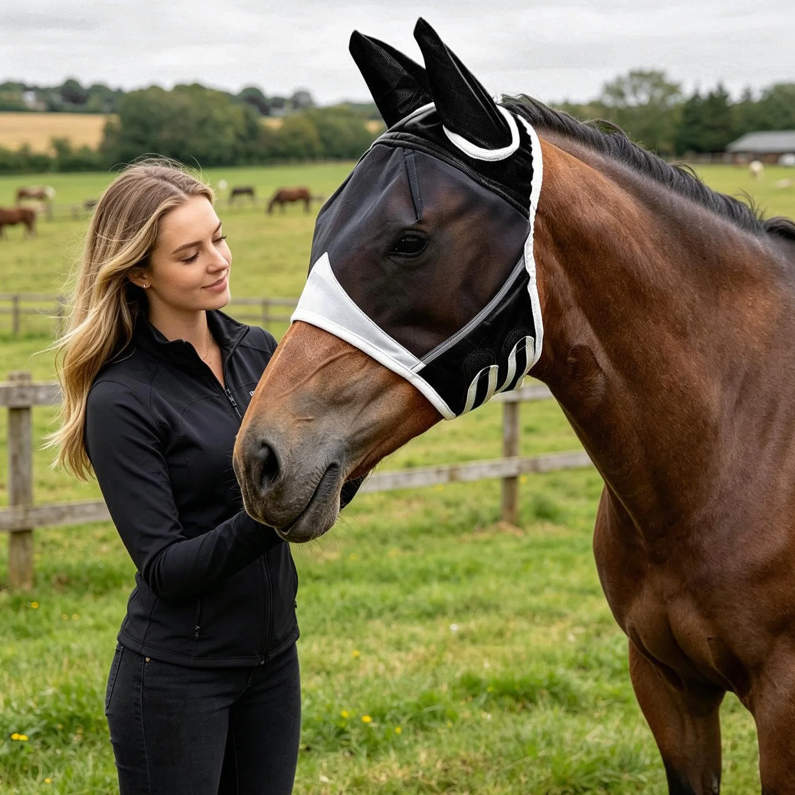 Masque Anti-Mouches pour Cheval Tissu Respirant Protection UV avec Oreilles Sangle Élastique Demi-Masque