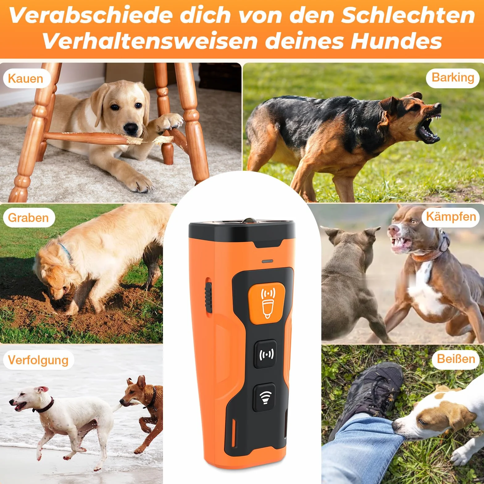 Appareil Anti-aboiement Ultrason Rechargeable pour Chiens, 4 Fréquences Réglables, Lampe LED