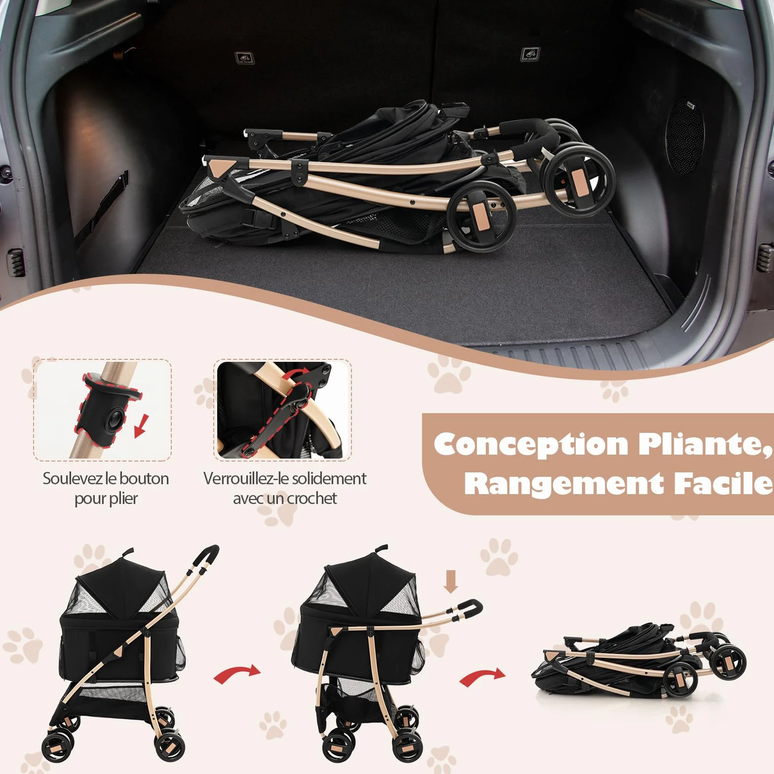 GOPLUS Poussette 3 en 1 Pliable pour Chien Chat, Siège Voiture Amovible, Auvent Réglable, Entrée Maille Zippée, Noir