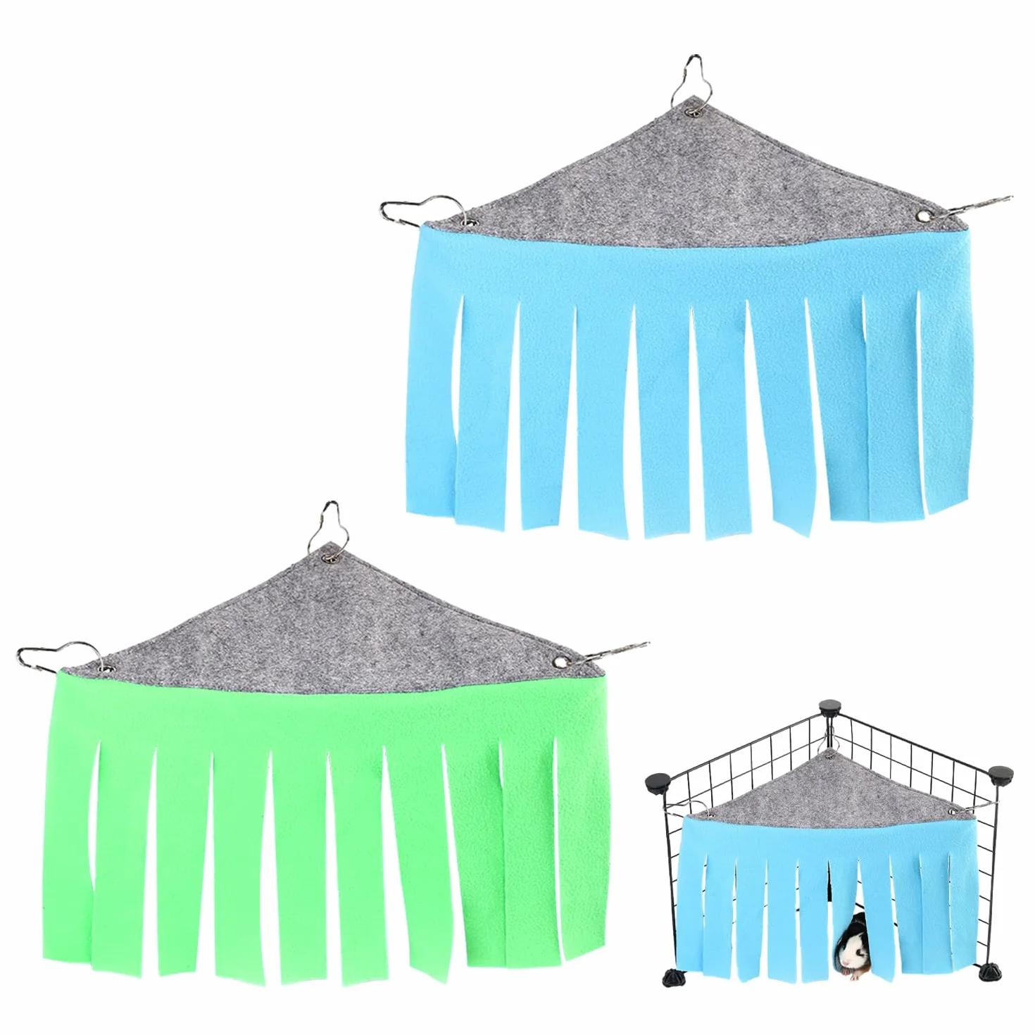 Lot de 2 hamacs pour cochon d'Inde avec 6 crochets - Accessoire de cage - Cachette en tissu - Hamac petit pour lapin et hamster (bleu, vert)