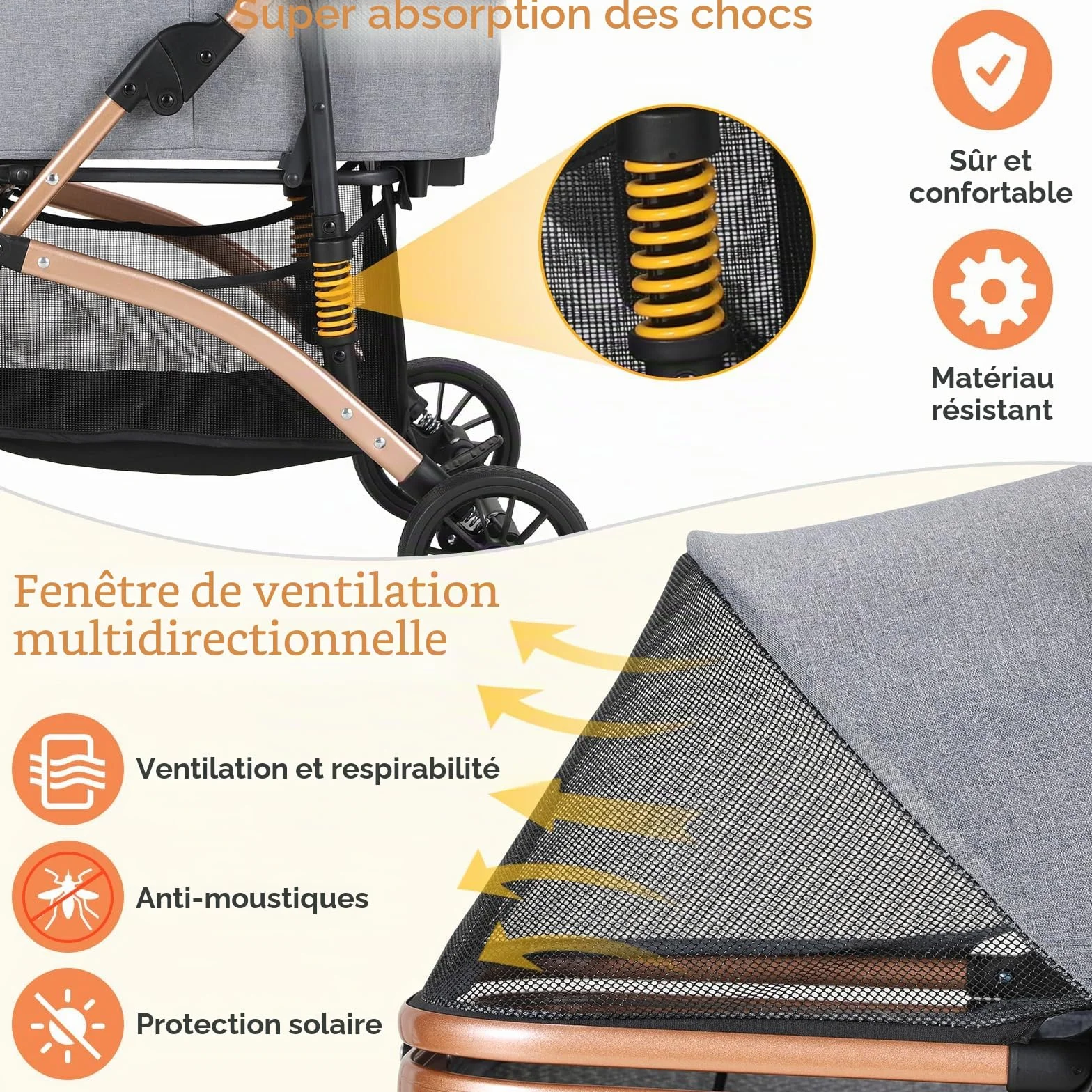 MAMIZO Poussette Chien 3-en-1 Pliable, Panier de Rangement, Fenêtre en Filet, pour Petits Chiens et Chats, jusqu'à 20 kg, Roues 360° Résistantes, Gris Foncé