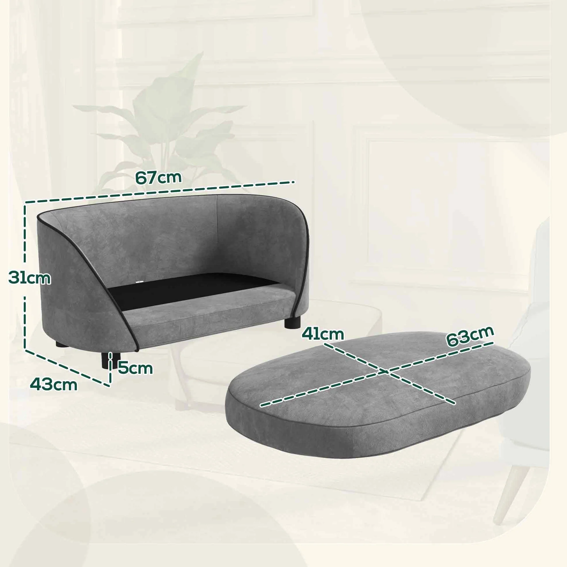 PawHut Canapé pour Chien en Velours néerlandais, Coussin Doux, Housse Amovible et Lavable, pour Petite à Moyenne Taille, Gris