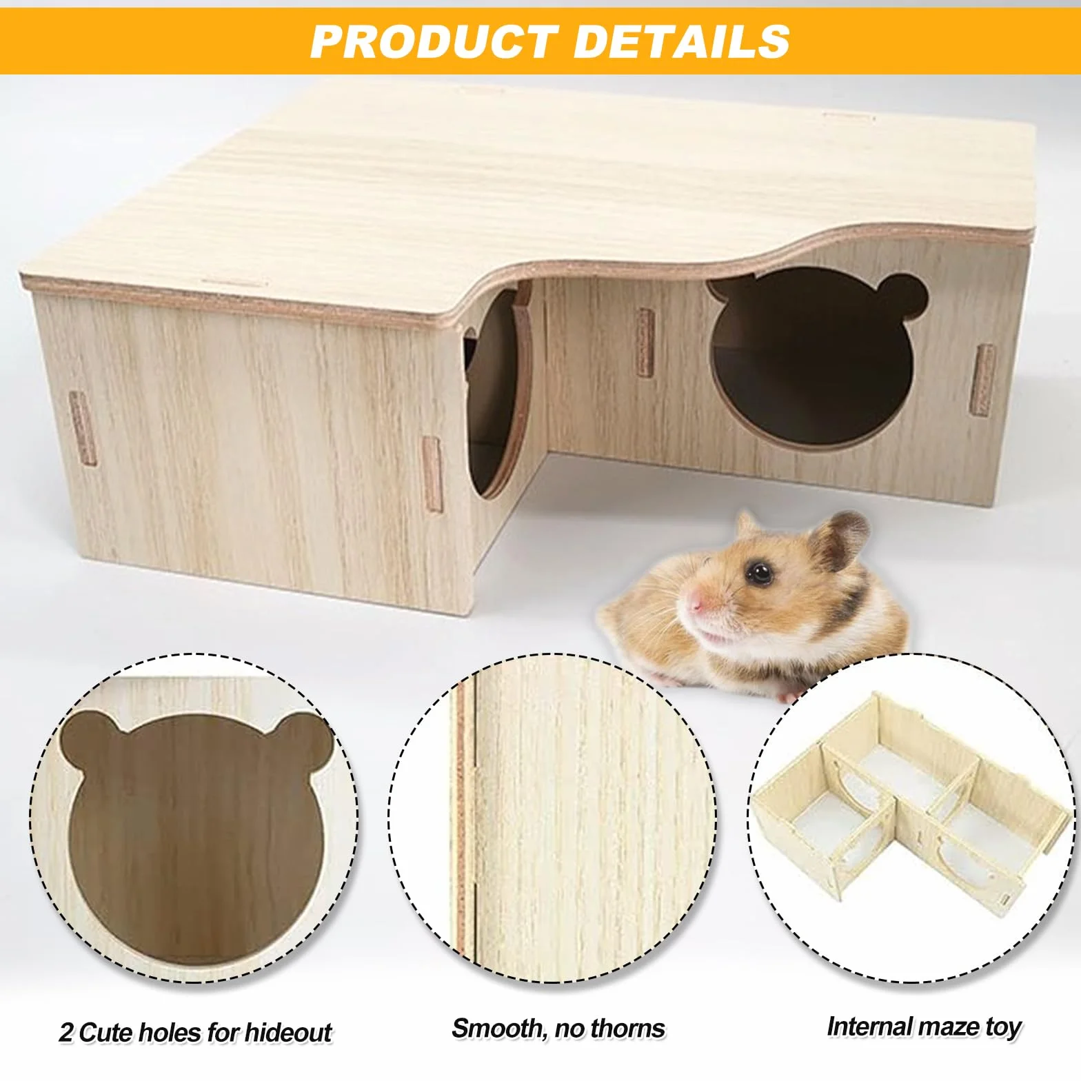 SenZee Maison pour hamster en bois, cachette multi-chambres en bois avec couvercle pour hamsters et petits animaux de compagnie