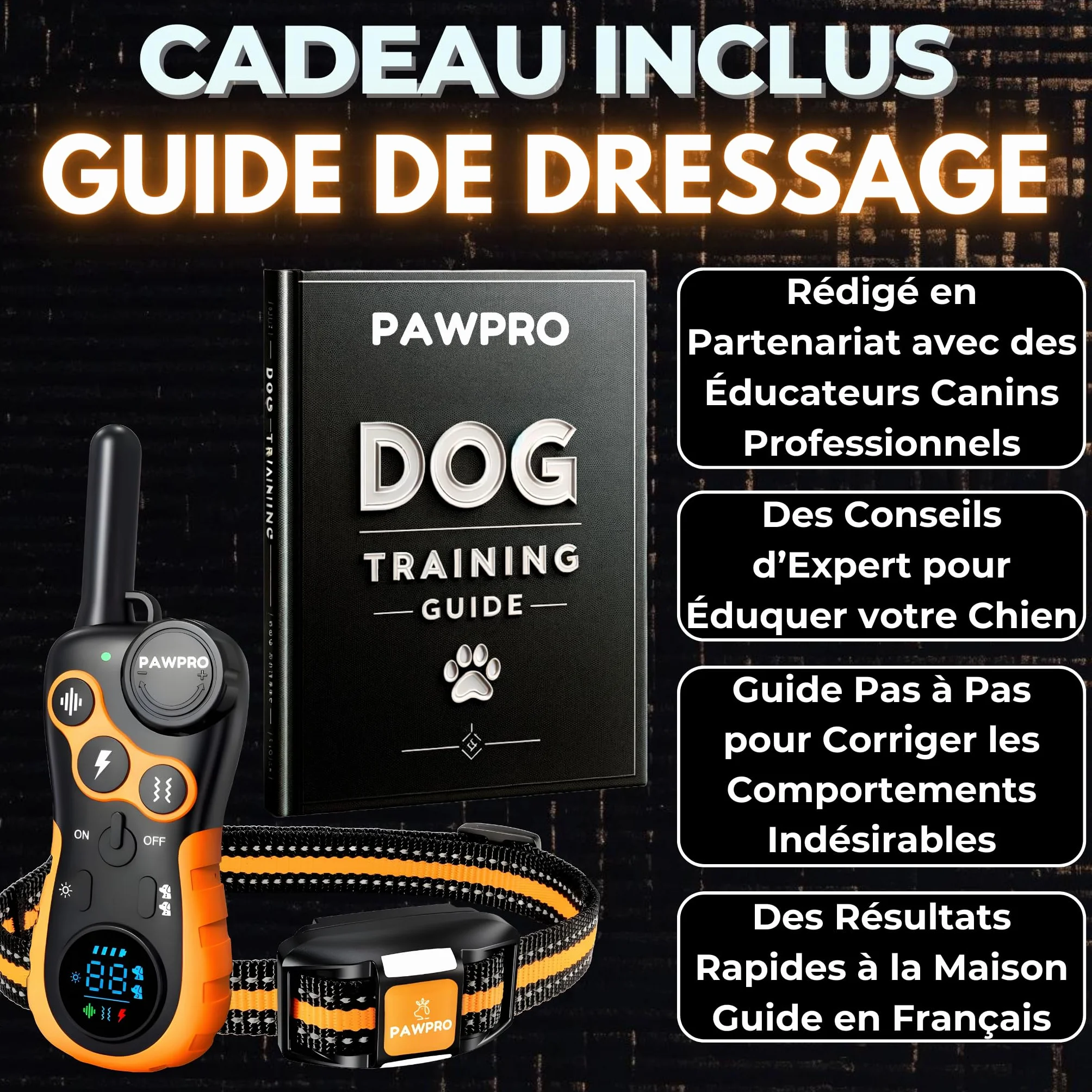 Collier de Dressage PAWPRO, Portée 3km, Mode Lumière Nocturne, 124 Niveaux, BIP Vibration Choc, Étanche Rechargeable