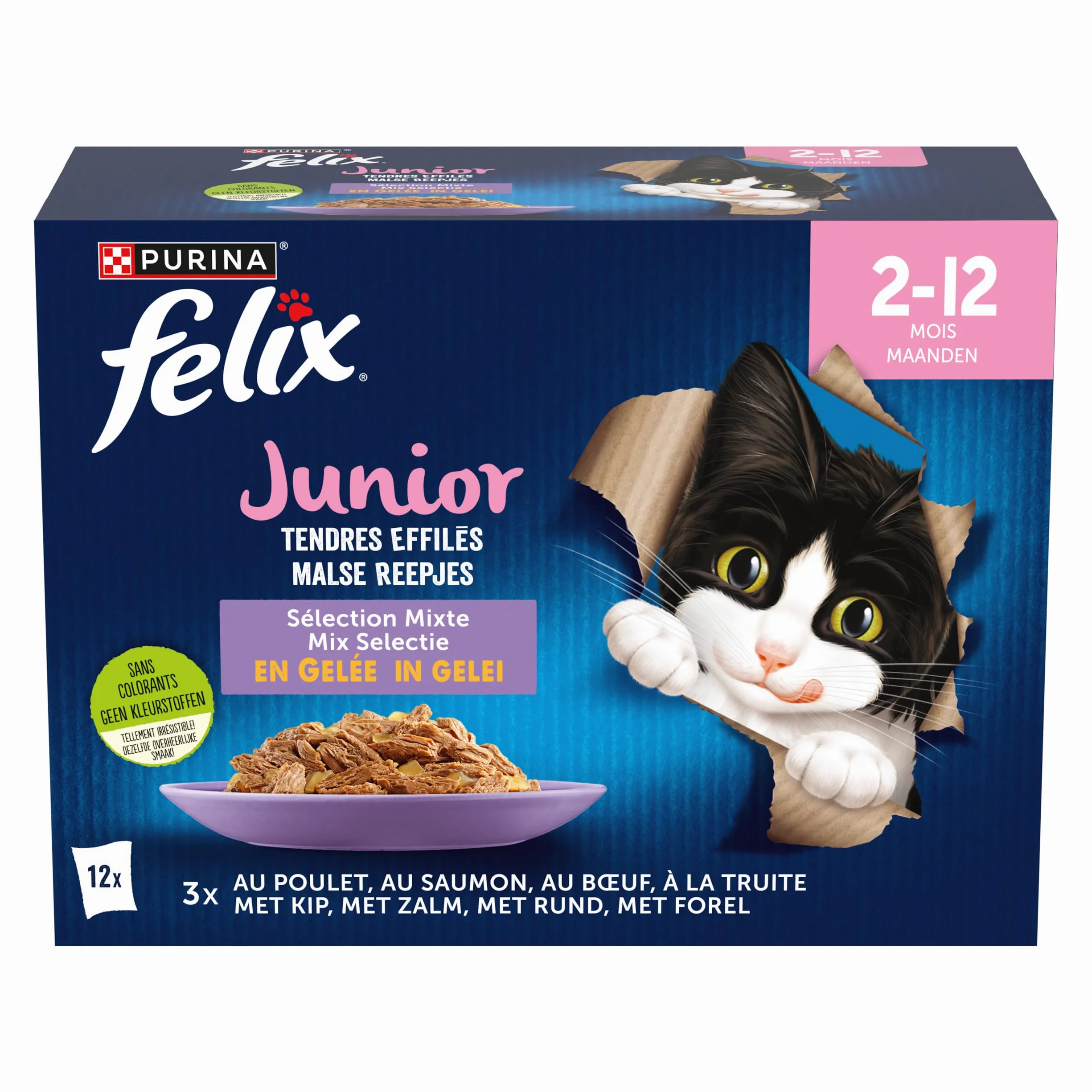 PURINA Felix Tendres Effilés Junior Aliment Complet pour Chatons Stérilisés Poulet Boeuf Saumon Truite Gelée Portion Individuelle 12 x 85g
