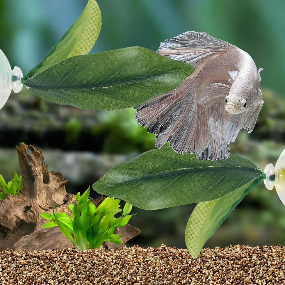 Feuille Lit Betta Coussin Feuilles Plantes d'aquarium avec Ventouse Décorations pour Simuler l'habitat de Repos des Poissons