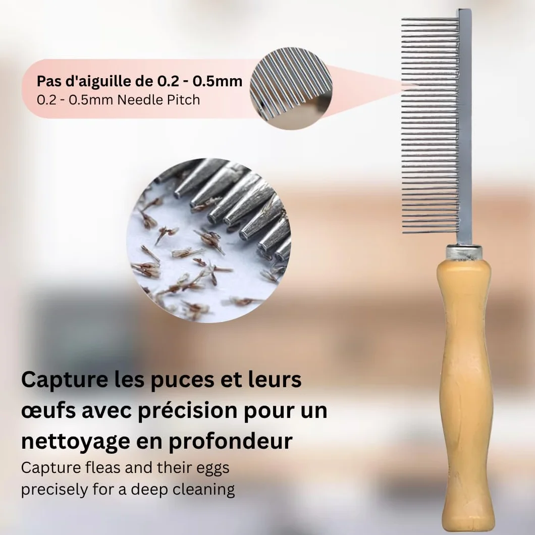 Peigne Anti-Puces avec Manche en Bois pour Chien et Chat – 16,7 cm