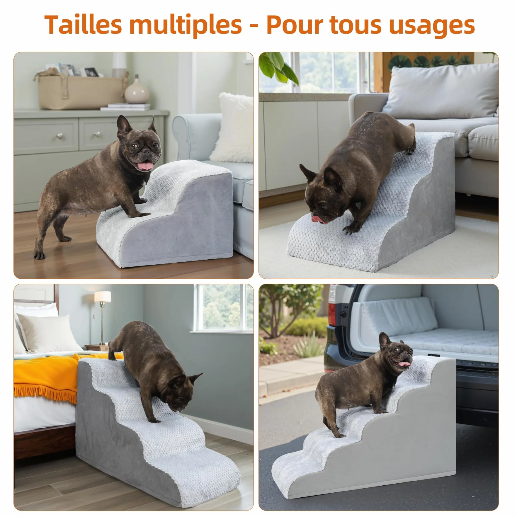Escaliers pour Chien à 3 Marches Antidérapant Housse Amovible Lavable Accès Canapé Lit Chiots Animaux Âgés Gris 40x57x40 cm