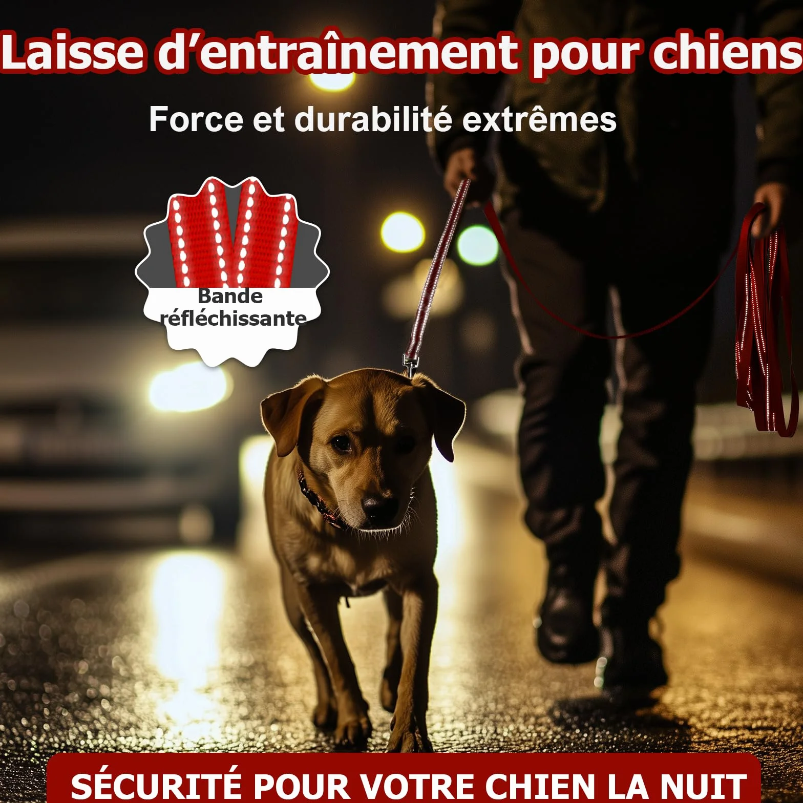 Longe Réfléchissante pour Chien 5m Rouge avec Mousqueton Solide