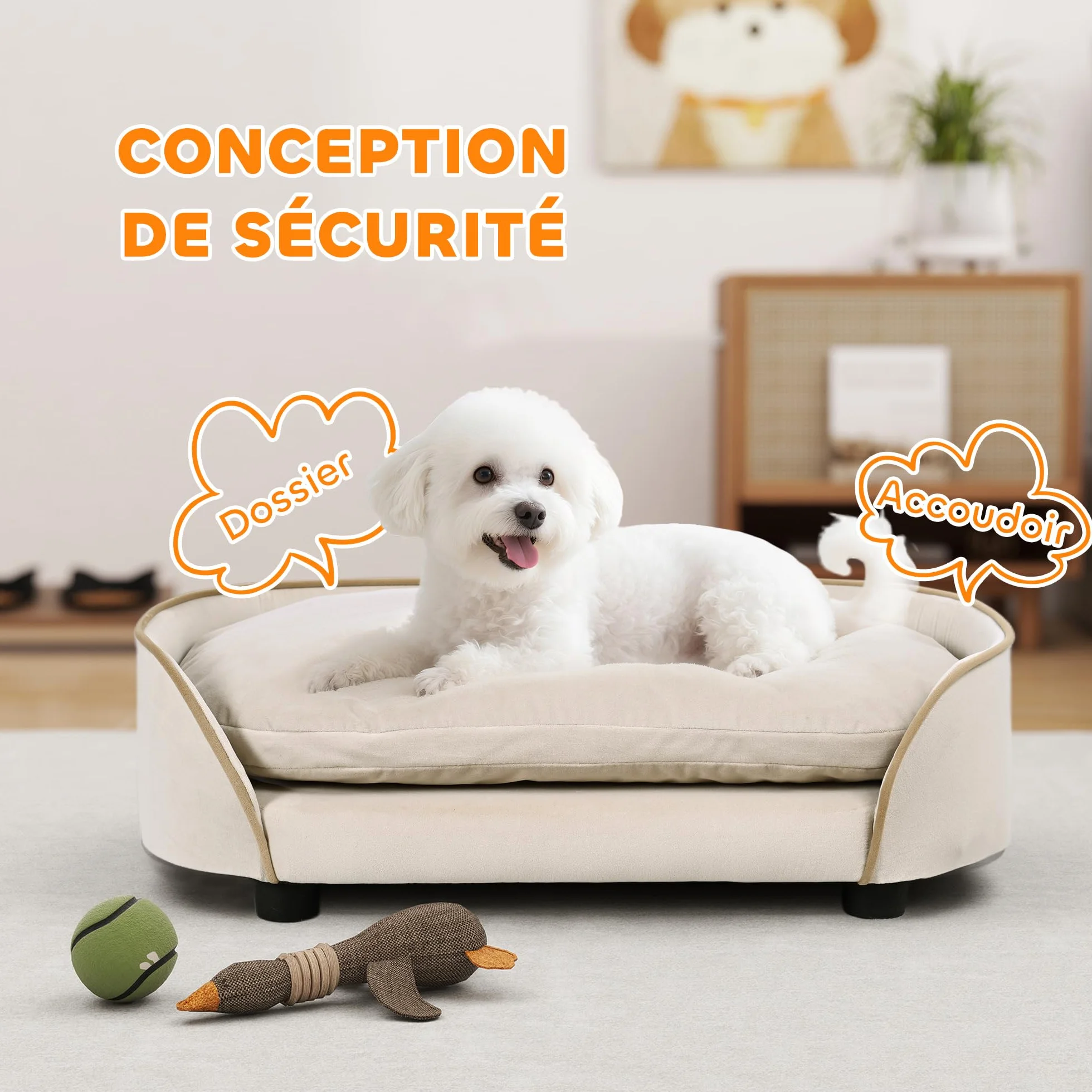 PawHut Canapé pour Chien avec Coussin Amovible et Housse Lavable, Velours, 66 x 43 x 19,5 cm, Beige