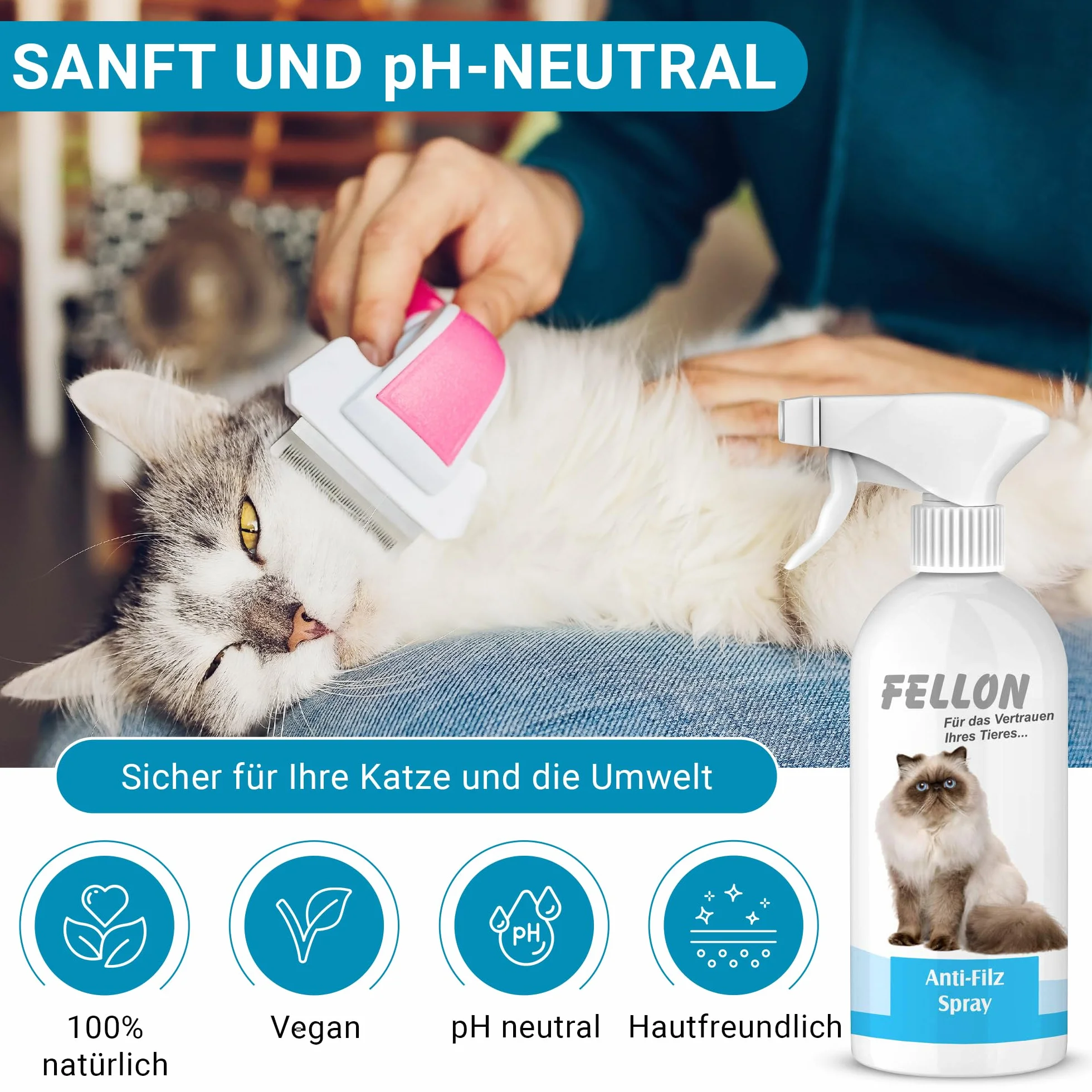 Fellon Spray anti-feutre pour chats - Spray démêlant 500 ml pH neutre - Soin du pelage brillance soyeuse