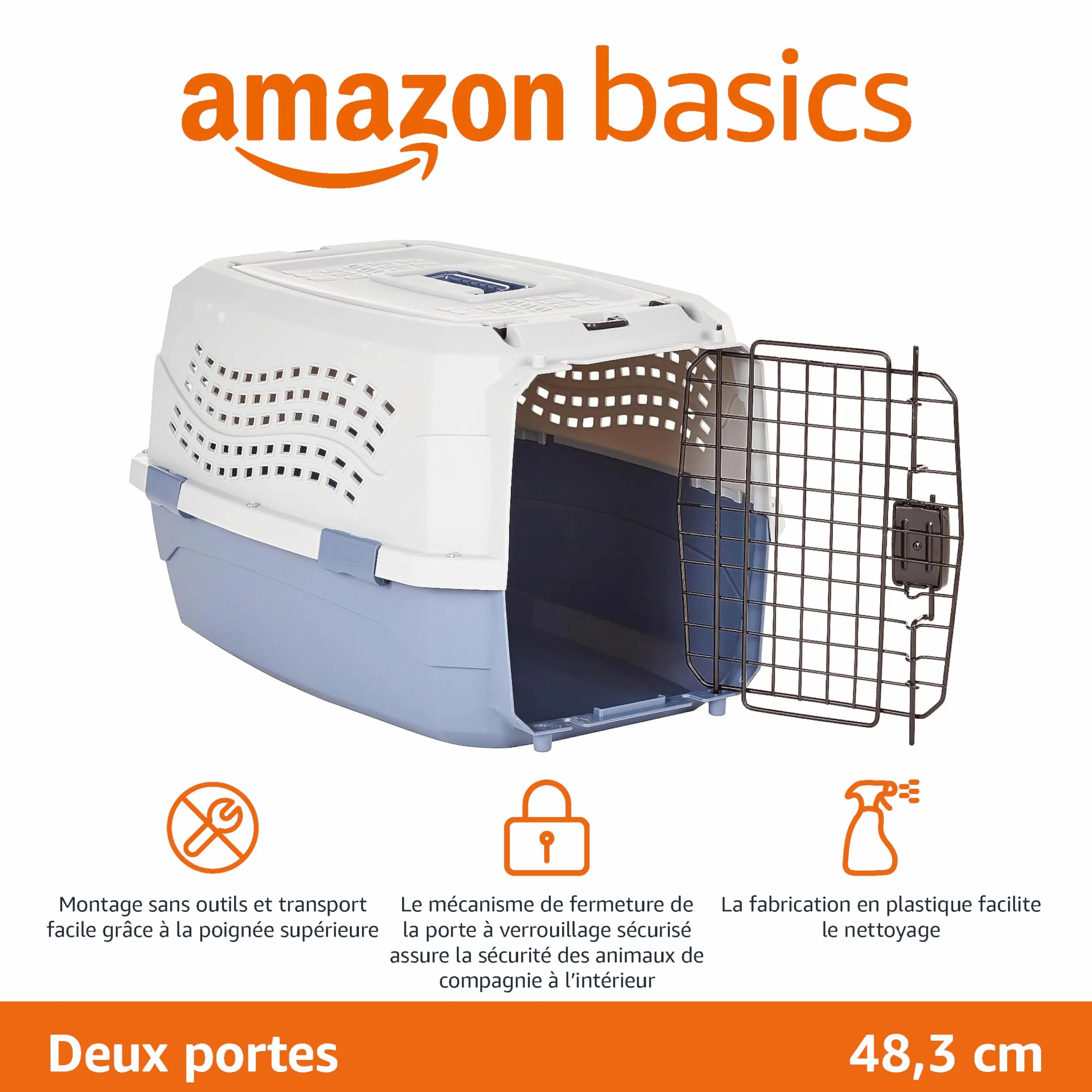 Amazon Basics Caisse de transport pour Chat 2 portes Bleu L 48 x 32 x 25 cm