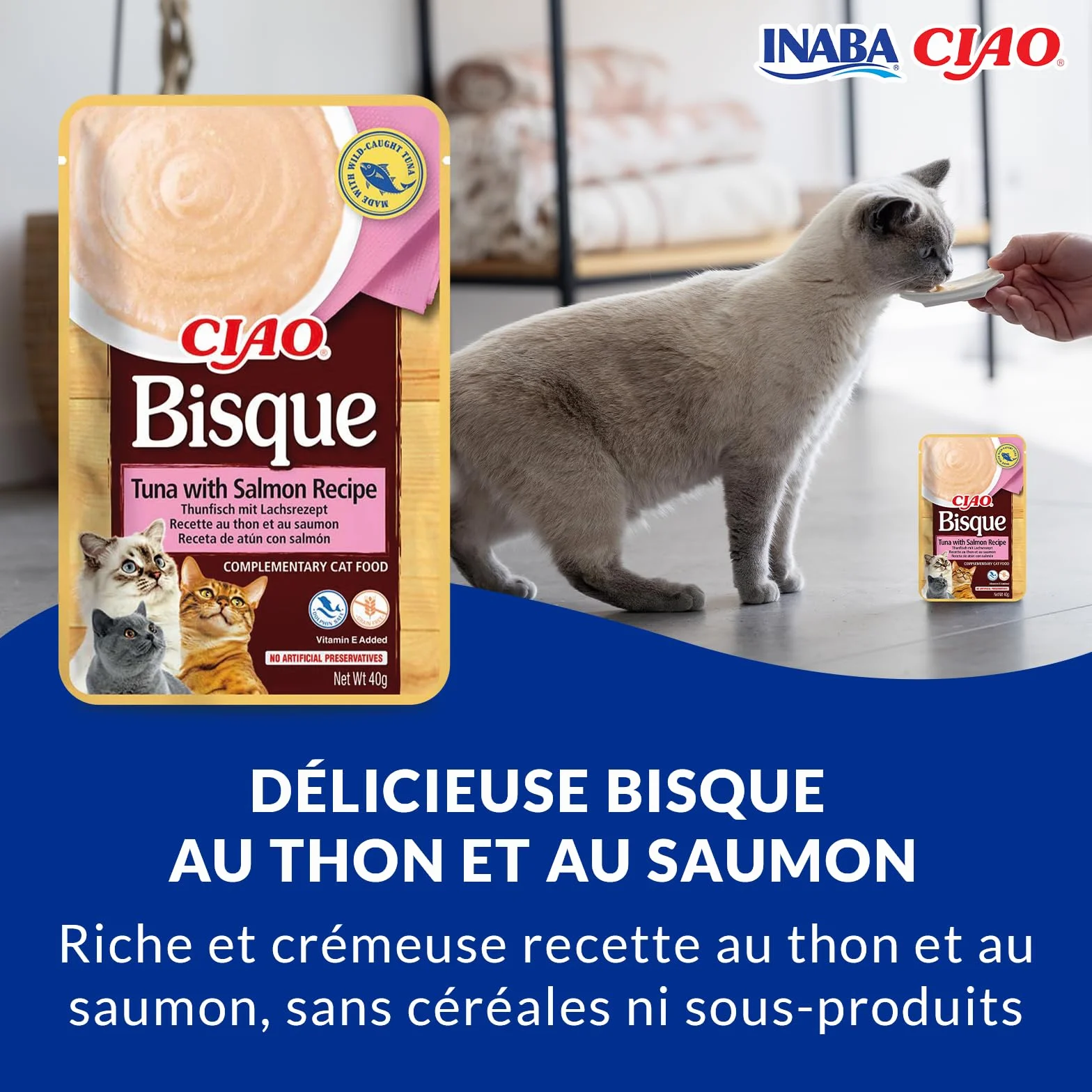 INABA Ciao - Bisque Thon & Saumon - Friandise pour Chat Humide - 1 x 40g - Délicieuse et Saine - Purée - Plat d'accompagnement - Complément Naturel et sans céréales - Pâtée pour Chat