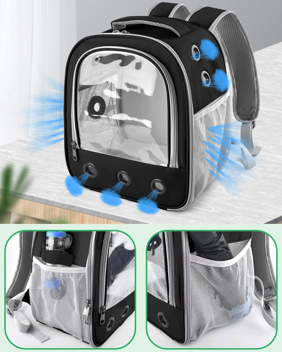 Sac à dos pour cochon d'Inde - Sac de voyage portable pour petits animaux avec porte-bouteille et support amovible noir