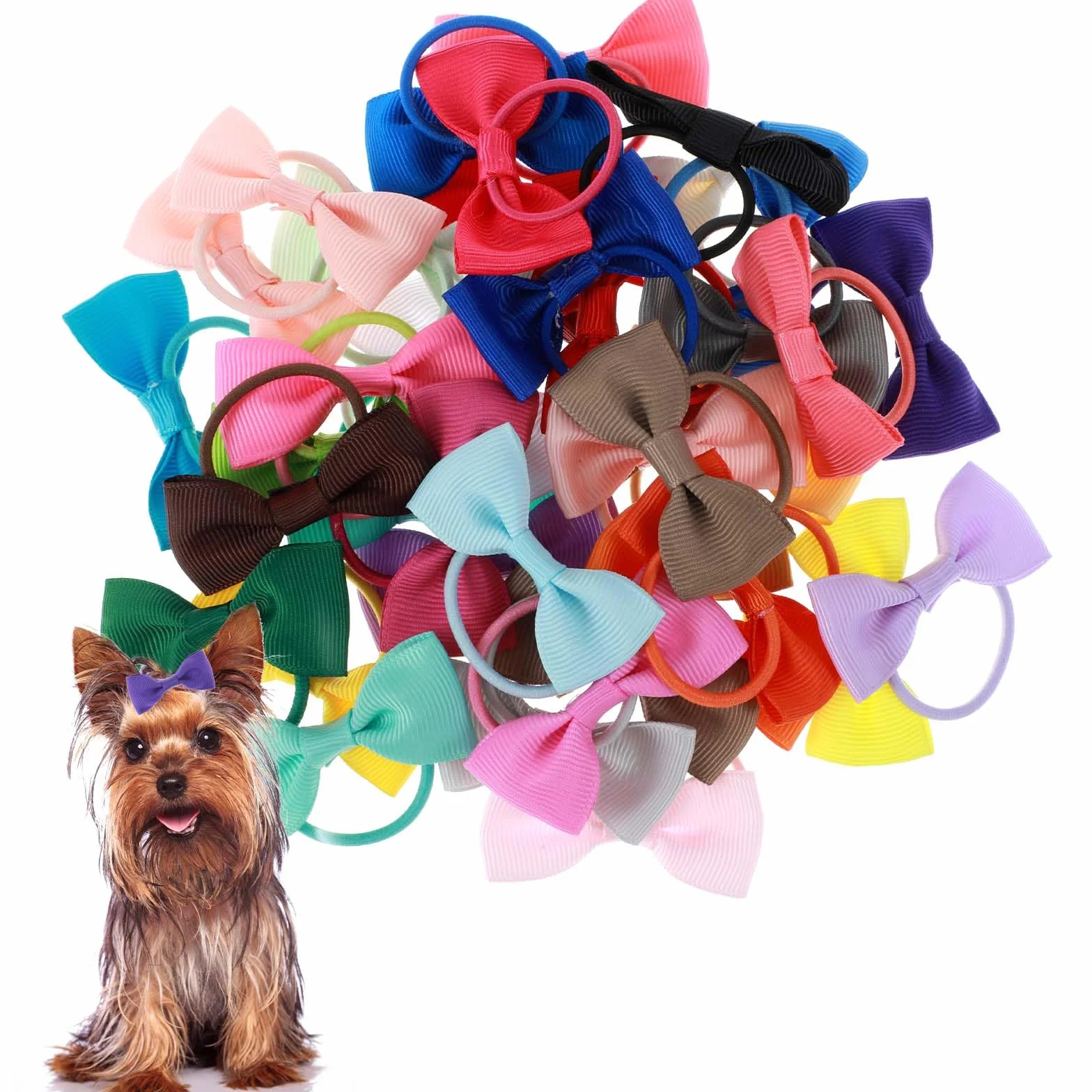 Lot de 40 nœuds pour chiots avec clips, bandes en caoutchouc, barrettes multicolores 5,6 cm, accessoires pour poils d'animaux