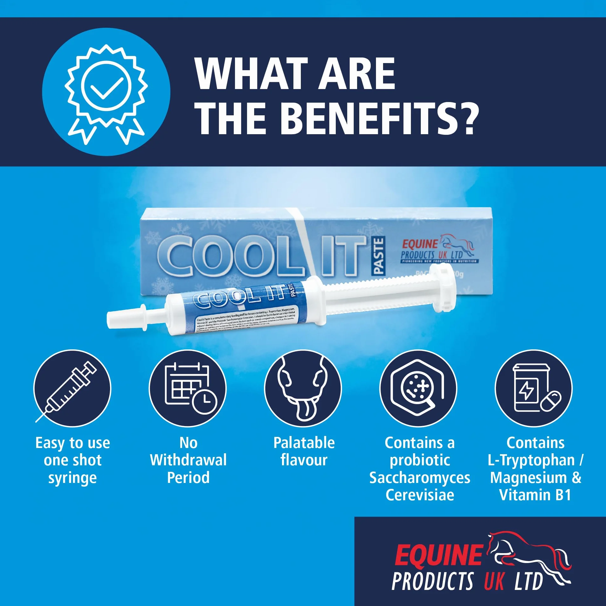 Equine Products Cool It Paste. Calmer pour Les Chevaux. Donné aux Chevaux comme complément nutritionnel Pendant Les périodes de facteurs de Stress accrus