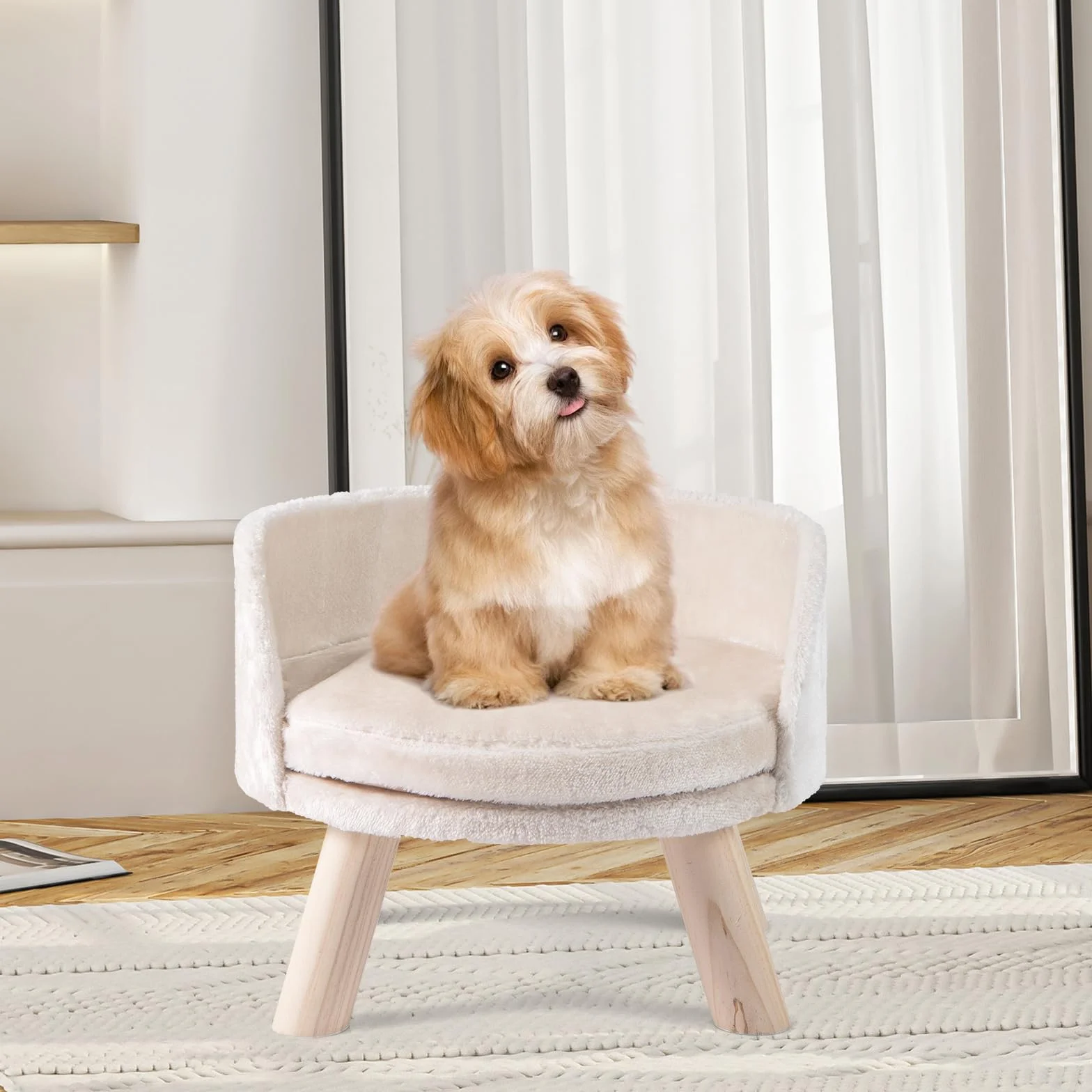 COSTWAY Canapé Lit pour Chien Chat 30 kg, Coussin Amovible, Bois de Pin, 42 x 42 x 33 cm, Beige
