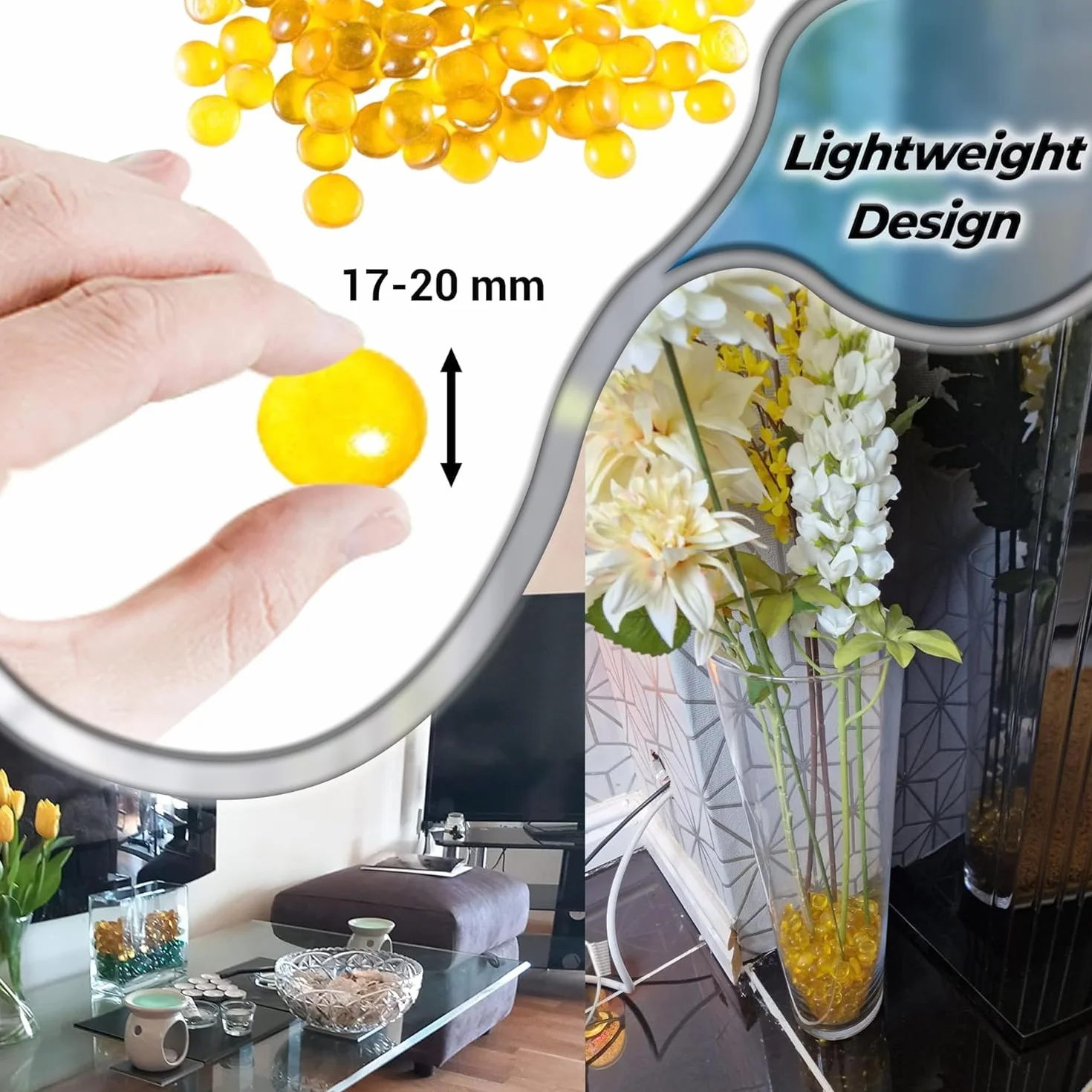 Galets de Verre Jaune 455 g 70-80 pcs Ø17-20 mm Pierres Décoratives Cailloux Plat Perles de Verre Gravier Aquarium