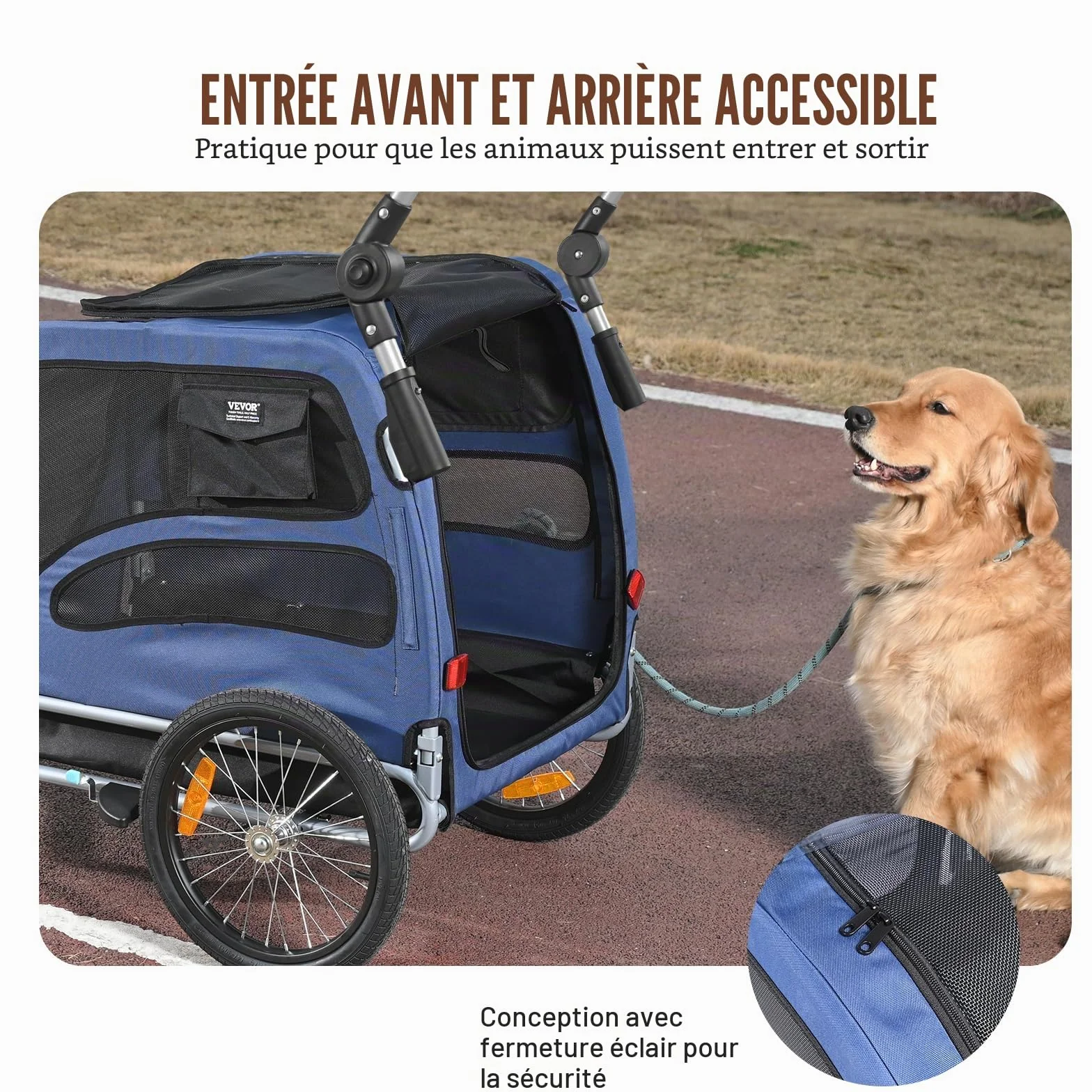 VEVOR Remorque de Vélo Chien Pliable 45 kg Poussette Animaux 2en1 Roues Dégagement Rapide Bleu/Noir