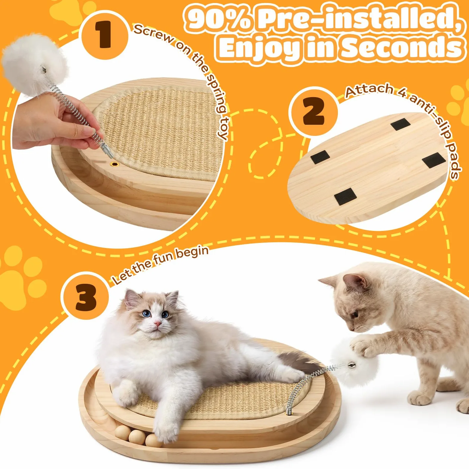 Griffoir pour Chat en Sisal Naturel Jouet Interactif pour Chaton | Tapis Grattoir avec Piste à Balle et 3 Jouets en Peluche, Chasser et Griffer, Griffoir Rond en Bois pour Intérieur