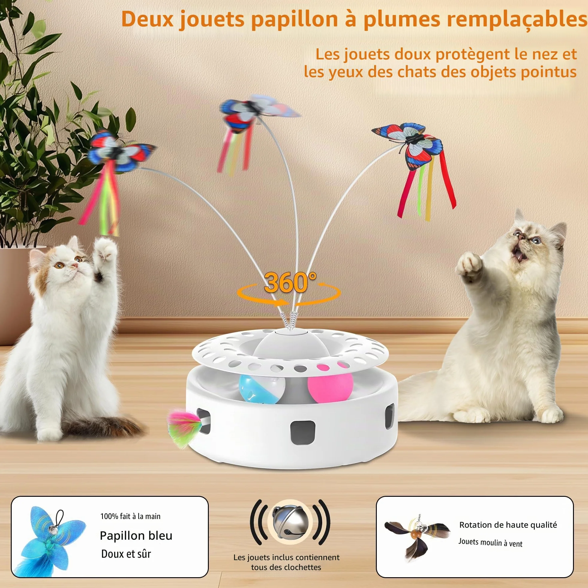 Soarer Jouet Interactif Automatique pour Chat 3 en 1 avec Papillons Volants et Accessoires Remplaçables