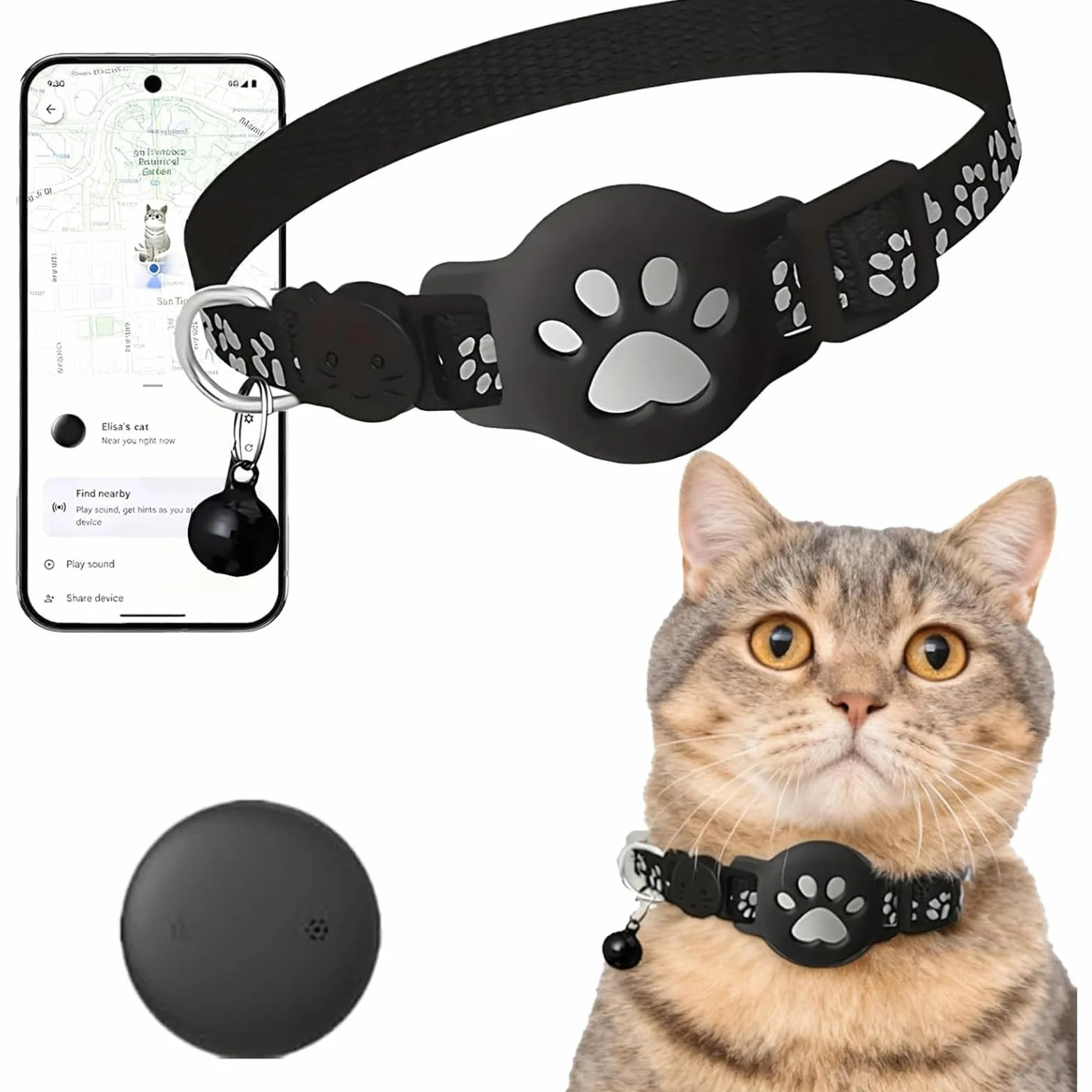 Collier GPS Chat 2026 Traceur GPS Chat Tracker sans Carte SIM sans Abonnement Localisation Temps Réel Compatible iOS Android Imperméable Durable Noir