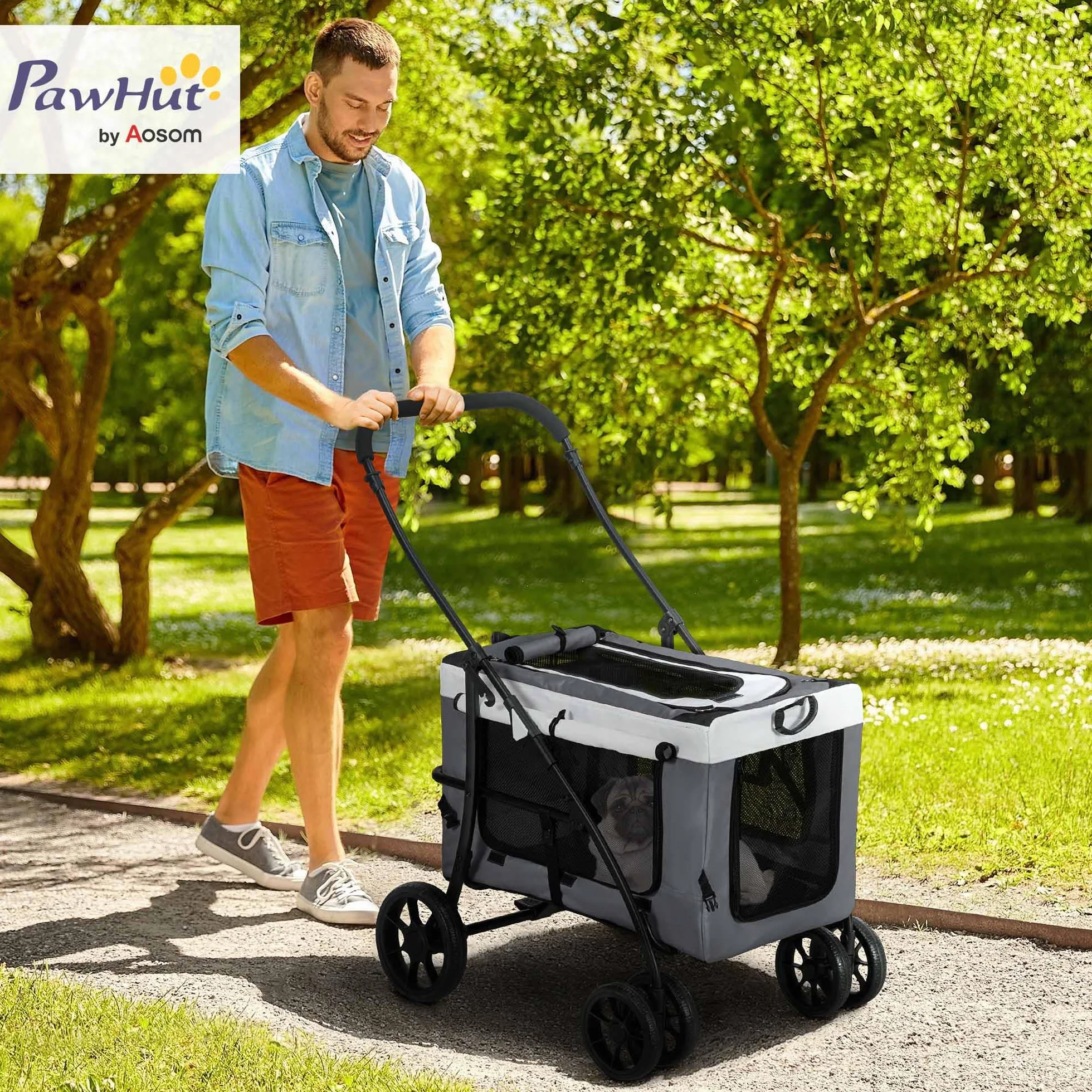 PawHut Poussette pliable animaux chien chat 2 en 1, nacelle amovible 4 roues avec frein 81 x 58 x 97,5 cm gris