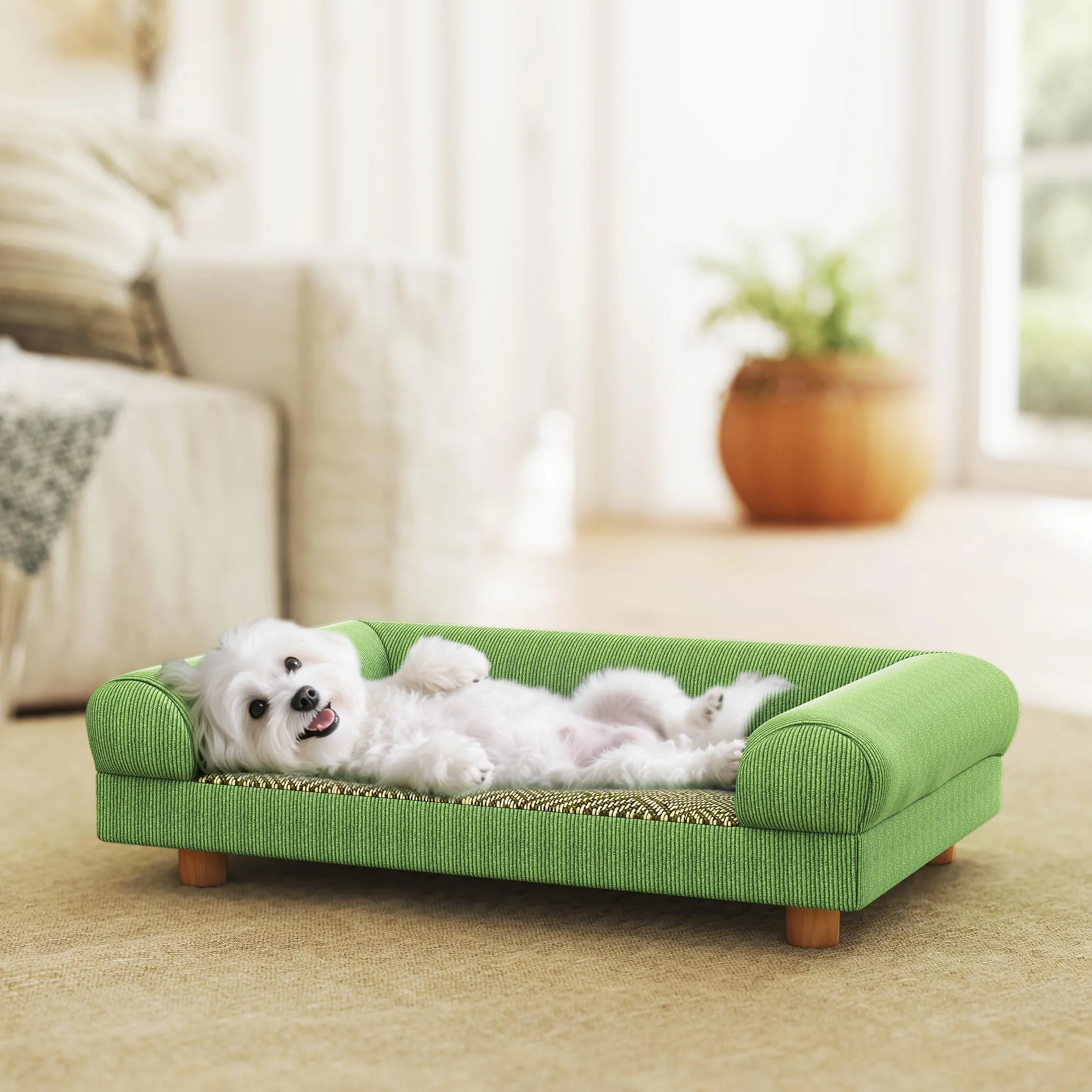 PawHut Canapé pour Chien Chat Lit Surélevé avec Tapis Frais, Accoudoirs, Pieds Velours Doux 63x41x17 cm Vert