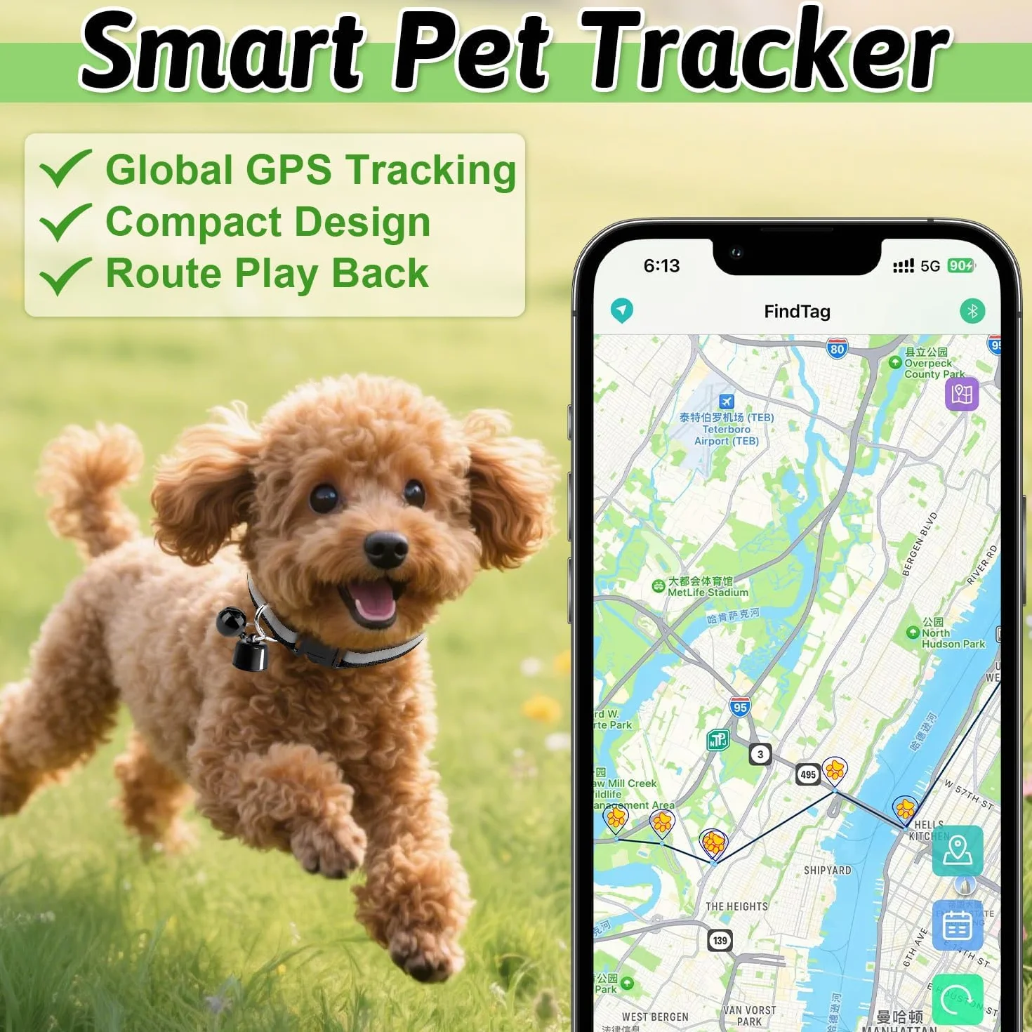 Traceur GPS Chat Chien, Collier GPS Compatible iOS Android, sans Abonnement ni Carte SIM, Étanche Animaux Clés Bagages Véhicules