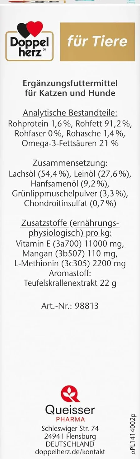 Doppelherz Huile pour articulations Chats Chiens oméga-3 chondroïtine 250 ML