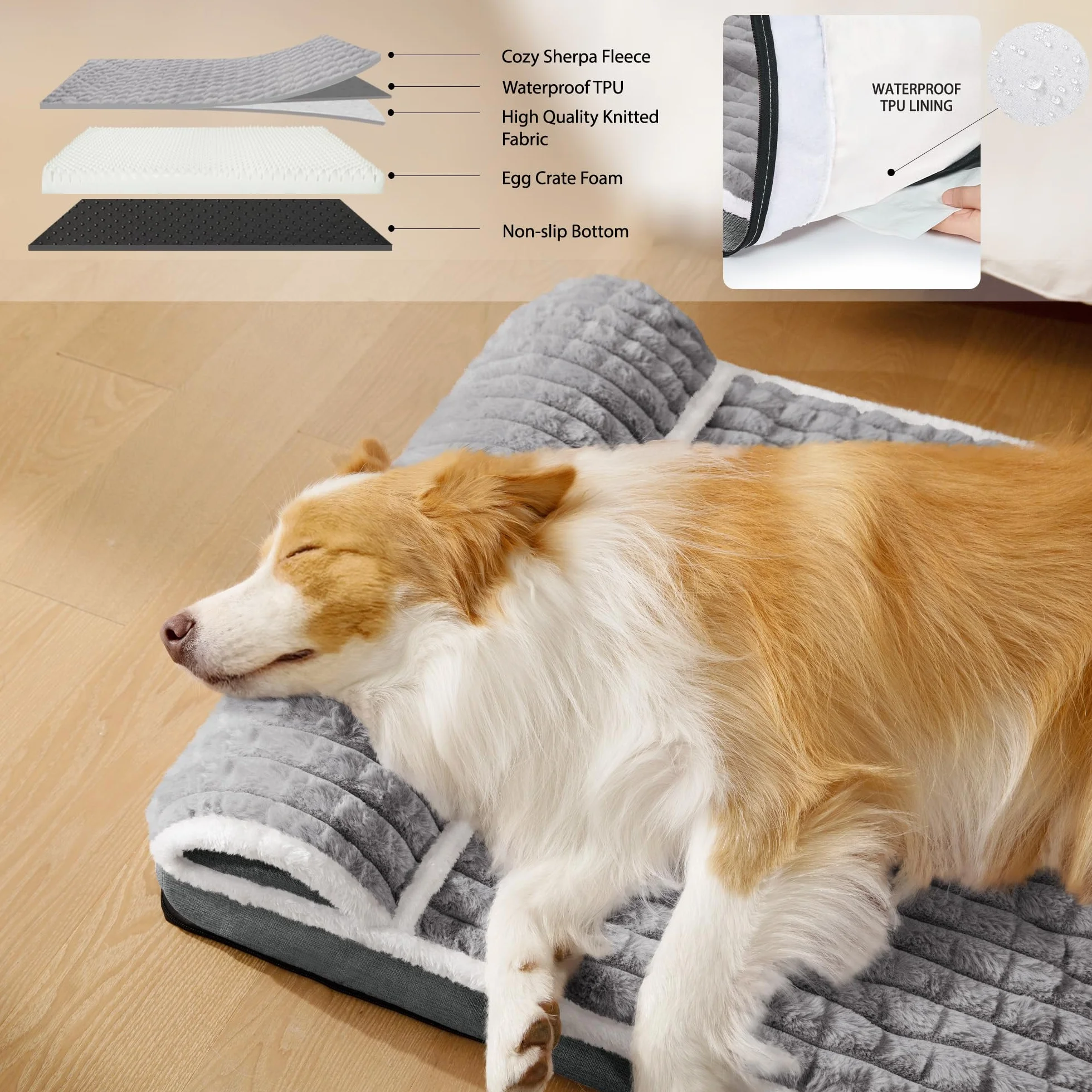 Panier Chien Moyen Orthopédique, Lit Matelas pour Chien avec Oreiller Latéral Moelleux, Coussin Déhoussable Lavable en Machine, Imperméable, Base Antidérapante, 91x61cm, Gris