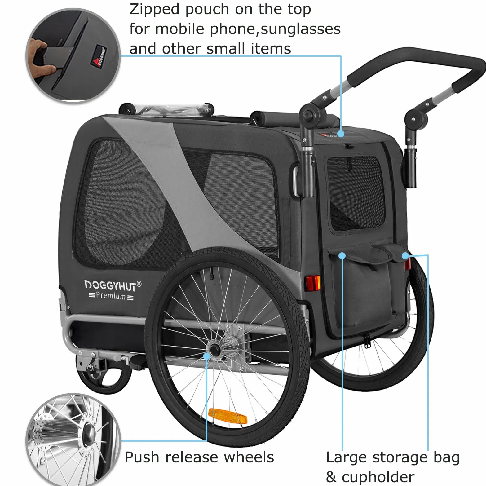Doggyhut Premium L Remorque de Velo 2 en 1 Grande Poussette remorque Velo pour Chien de Taille Moyenne et Grande Chiens Maximum 35 kg