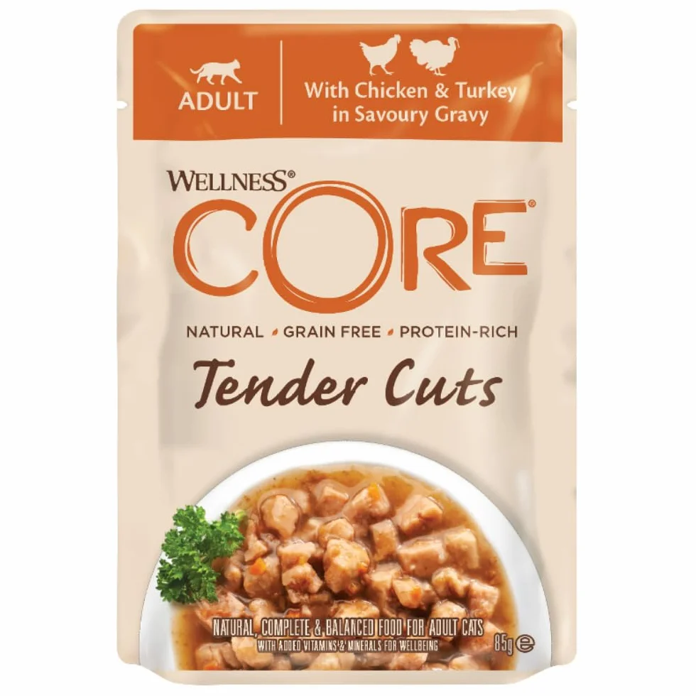 Wellness CORE Tender Cuts 6 x 85g, Multipack Poulet/Dinde/Canard – Tendre Morceaux pour Chats Adultes, sans Céréales, Naturelles, Hypoallergénique, Riche en protéines, À Haute Teneur en Viande,
