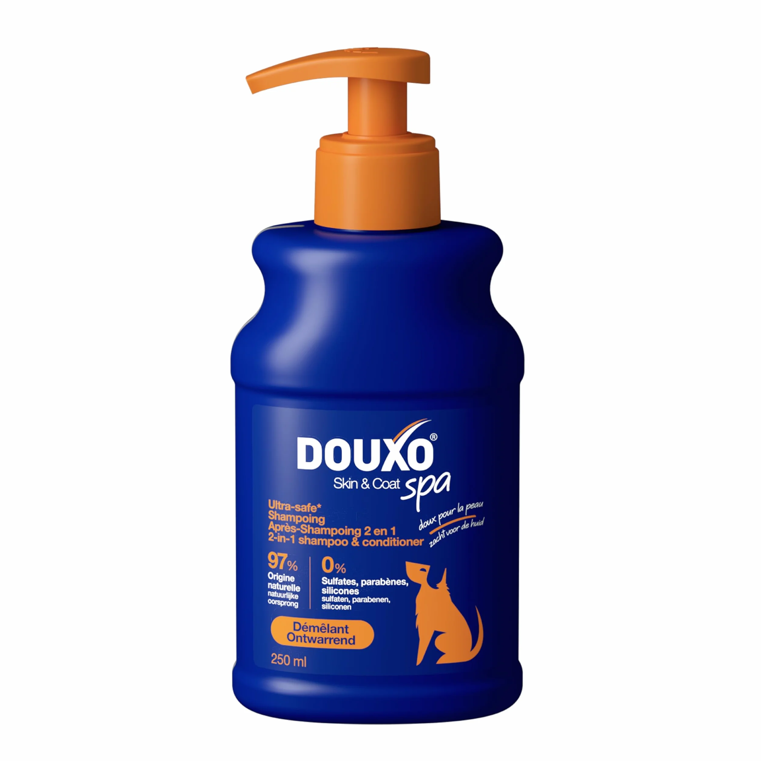 DOUXO Skin & Coat Spa - Ultra-Safe Shampoing 2 en 1 démêlant pour Chiens, 250 ML, nettoie et Hydrate en Profondeur la Peau et Le Poil, Laisse Le Pelage Doux, Soyeux et démêlé, respecte la Peau.